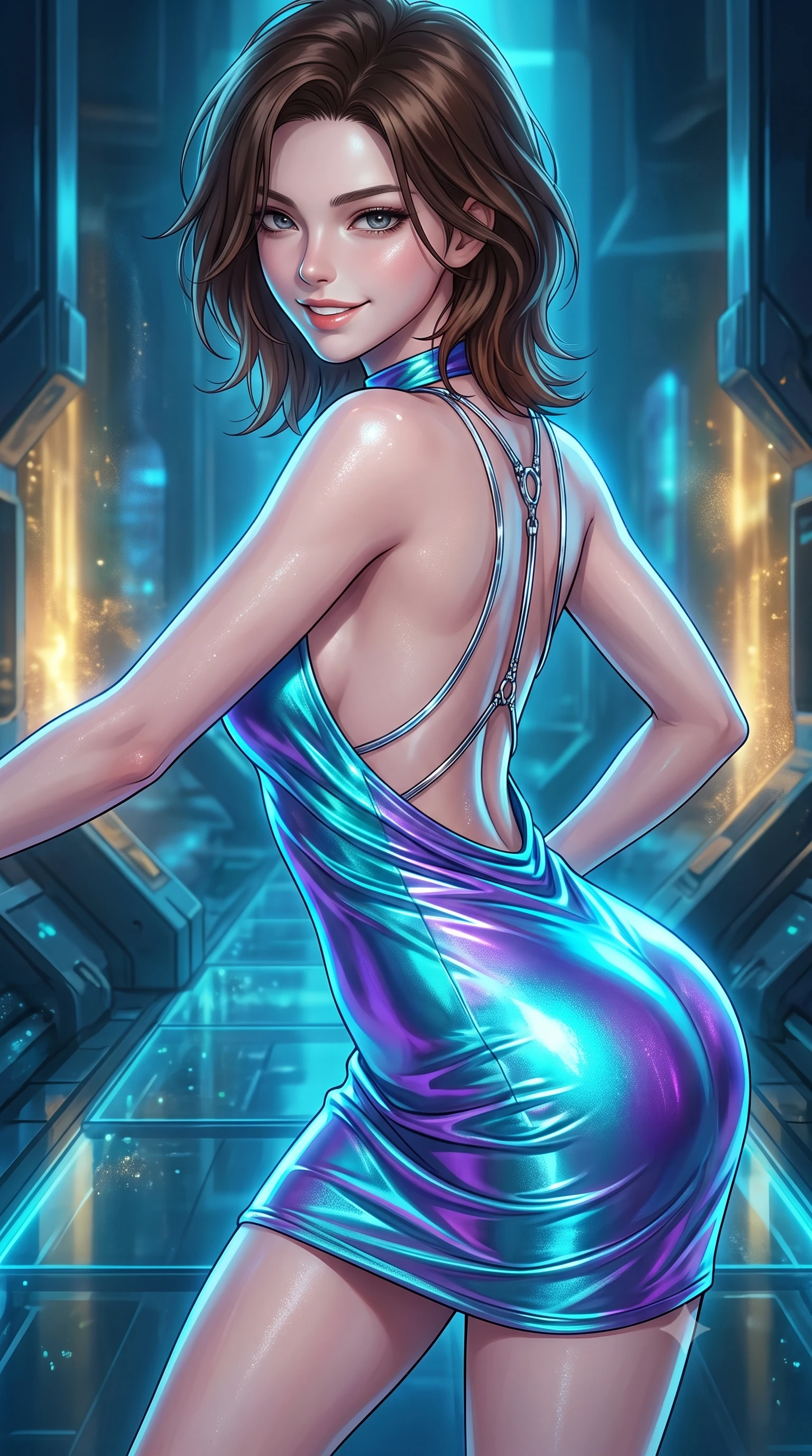score_9, masterpiece, best quality, ultra-detailed, high-budget anime keyframe, editorial fashion photography, tasteful artistic composition, Korean woman. close-up cowboy shot from the waist and thighs up, the character dominates the composition, filling the frame with her large presence. leaning forward while arching her lower back to accentuate her curvy hips, looking into the camera with an intoxicating smoldering gaze and bedroom-eyes while twisting her slender torso in an alluring contrapposto stance, golden mineral vent heat shimmers and blue bioluminescence playing across her narrow waist and curvy hips. The surrounding environment is rendered in vivid detail and crisp panoramic clarity: detailed bespoke tailoring, liquid fabric textures, and extreme-depth abyssal engineering in razor-sharp precision. She has an exceptionally elegant, slender, and willowy female figure with an ultra-slim waist, flat toned midriff, narrow ribcage, and sculpted feminine hips creating an alluring, slim hourglass silhouette without bulk. sharp v-shaped jawline, high-bridge nose, intricate jewel-like sparkling eyes with depth, thick eyelashes, glossy parted lips with a natural peach sheen, bright cheerful beaming smile with an enchanting and coquettish sensual glint, exuding both youthful cute charm and seductive allure, flawlessly proportioned anatomical accuracy, strict slender model proportions, natural body alignment, perfectly sculpted long slender limbs, ultra-slim waistline, clean dynamic posture without body distortion. wearing an alluring backless metallic lamé halterneck mini dress with deep scoop back down to her lower spine in Cheonggyecheon neon aqua and ultraviolet amethyst, crafted from fluid liquid silk satin that clings smoothly to her narrow waist and rounded hips with a dewy sheen, accented with a chrome-drop body harness subtly framing her dewy collarbones and spine, the impeccably tailored cut draping gracefully along her slender figure with aristocratic poise. illuminated by acrylic floor reflection bounce and sharp sapphire-cyan rim lights sculpting her razor-sharp jawline, narrow waist, and curvy hips. ultra-reflective glossy finish, specular highlights, rich textural contrasts, high-contrast stereoscopic depth, volumetric dynamic lighting, 2k, ultra detail, master piece, 9:16 ratio