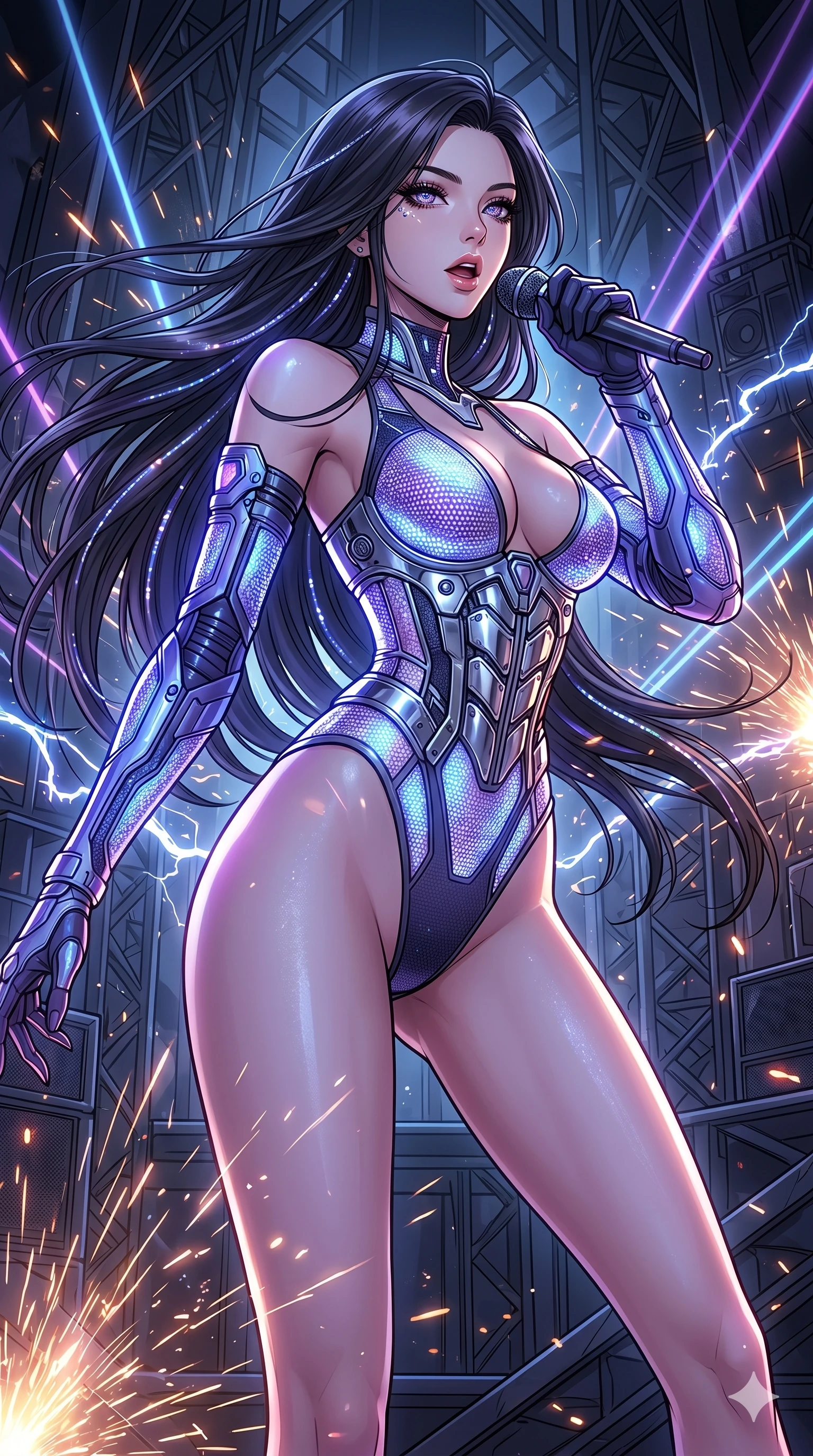 score_9, masterpiece, best quality, ultra-detailed, high-budget anime movie keyframe, cinematic anime lighting, intricate line art, Japanese woman. Upper body filling screen focusing on her alluring features and slim-fit silhouette. singing on a laser stage in a gothic obsidian tower in a storm of sparks. She has an absolutely perfect 8-heads proportion, an exceptionally tall and slender female figure with an ultra-slim waist and impossibly long slender legs. sharp v-shaped jawline, high-bridge nose, intricate jewel-like eyes, thick eyelashes, glossy lips. Wearing asymmetrical high-cut tech-bodysuit with detached glowing sleeves, chrome-plated mechanical corset, and bioluminescent mesh panels clinging to her slender figure. The scene is illuminated by dramatic atmospheric lighting and vibrant color palettes. , 2k, ultra detail, master piece, 9:16 ratio