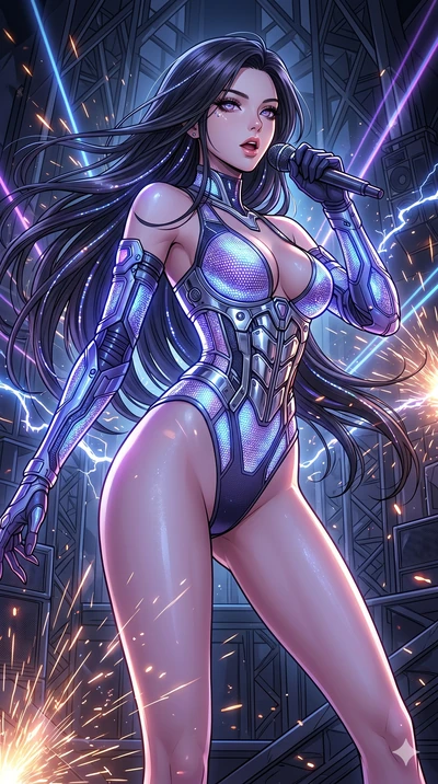 score_9, masterpiece, best quality, ultra-detailed, high-budget anime movie keyframe, cinematic anime lighting, intricate line art, Japanese woman. Upper body filling screen focusing on her alluring features and slim-fit silhouette. singing on a lase