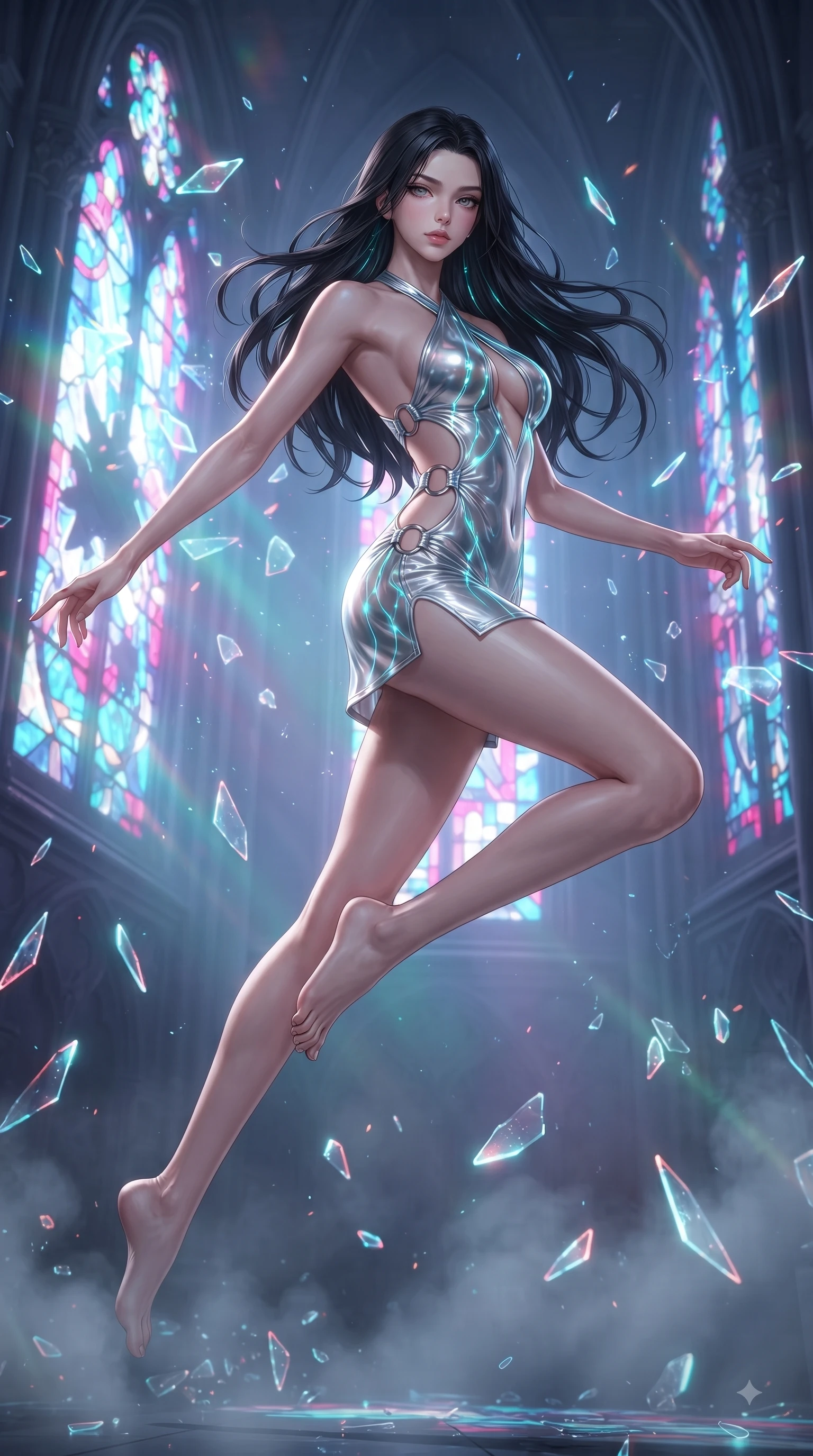 score_9, masterpiece, best quality, ultra-detailed, high-budget anime keyframe, editorial fashion photography, tasteful artistic composition, Korean woman. low angle full-body shot from head to toe showing her feet, filling the entire 9:16 vertical frame with her statuesque presence, stretching her vertical silhouette. leaping through mid-air with an athletic yet alluring arch of her spine, her impossibly long slender legs stretched in flawless poise while leaping through shattered stained glass of a neon-lit futuristic cathedral amidst a rain of glowing shards. The composition keeps background elements in soft focus with creamy bokeh. holographic light beams and atmospheric fog softened by creamy shallow focus. She has an absolutely perfect, statuesque 8.5-heads proportion, an exceptionally tall and slender model-like female figure with impossibly long slender legs and an ultra-slim waist. sharp v-shaped jawline, high-bridge nose, intricate jewel-like eyes with depth, thick eyelashes, glossy lips with a natural sheen, flawlessly proportioned anatomical accuracy, natural body alignment, perfectly sculpted elegant limbs, clean dynamic posture without body distortion. wearing a molten silver liquid-metal mini dress featuring deep side-waist cutouts and a daring crossover halter neckline in liquid mercury silver and glowing electric cyan, tailored from semi-translucent cybernetic vinyl with glowing micro-filaments, detailed with polished silver rings connecting the daring side-waist cutouts, the liquid-tight fabric adhering flawlessly to her sculpted torso and slender silhouette. surrounded by an awe-inspiring, ethereal, and breathtakingly dramatic cathedral atmosphere. ultra-reflective glossy finish, specular highlights, metallic sheen, high-contrast stereoscopic depth, volumetric dynamic lighting, 2k, ultra detail, master piece, 9:16 ratio