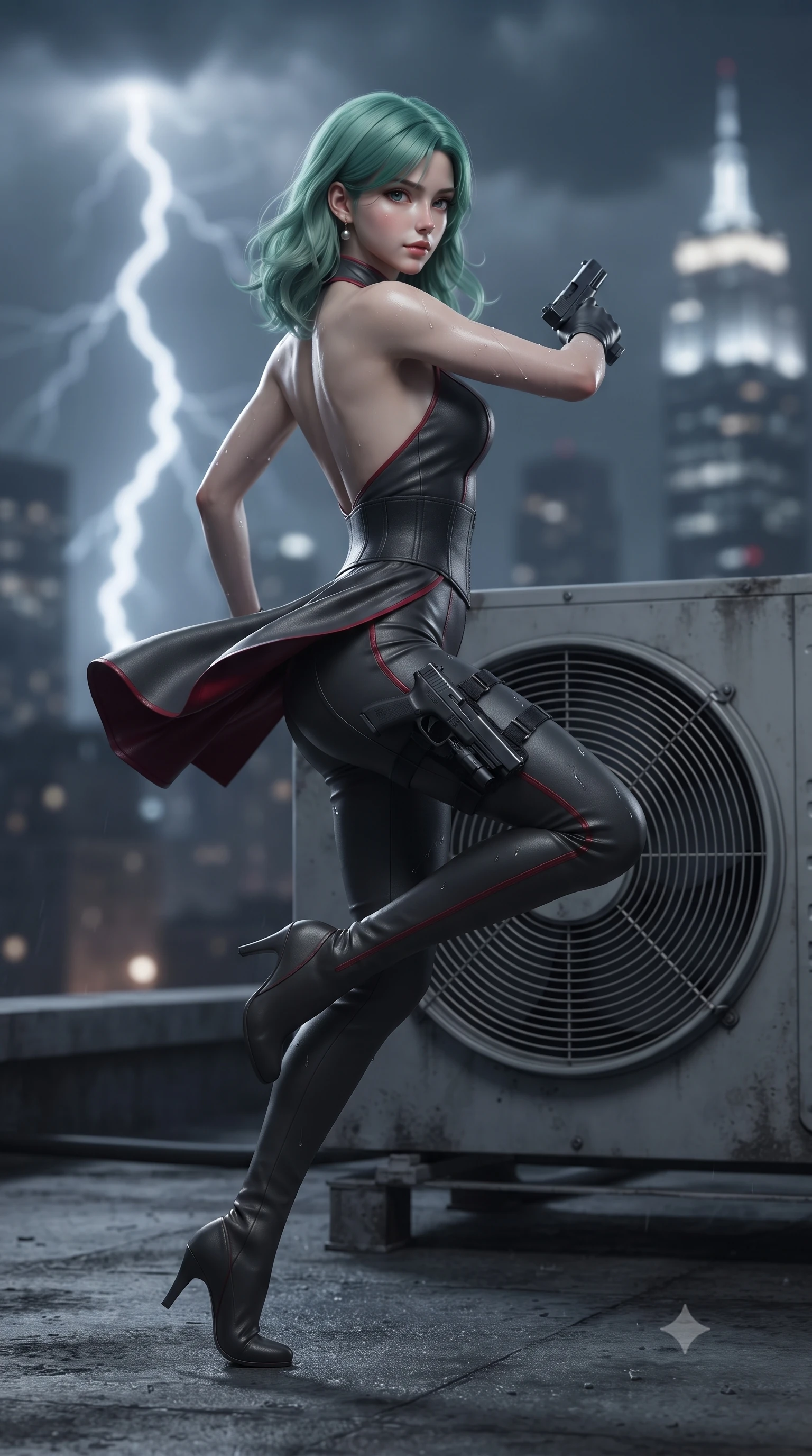 score_9, masterpiece, best quality, ultra-detailed, high-budget anime keyframe, editorial fashion photography, tasteful artistic composition, Japanese woman. low angle full-body shot from head to toe showing her feet, filling the entire 9:16 vertical frame with her statuesque presence, stretching her vertical silhouette. executing an elegant mid-motion spin with effortless grace, her garments fluttering softly around her ultra-slim waistline while drawing her sleek silenced sidearm in a fluid tactical draw while crouching behind an air-conditioning turbine unit. The composition keeps background elements in soft focus with creamy bokeh. violent lightning forks and distant glowing skyscraper crowns blurred into charcoal, slate-blue, and electric white bokeh. She has an absolutely perfect, statuesque 8.5-heads proportion, an exceptionally tall and slender model-like female figure with impossibly long slender legs, a toned flat midriff, and an ultra-slim waist. sharp v-shaped jawline, high-bridge nose, intricate jewel-like eyes with depth, thick eyelashes, glossy lips with a natural sheen, captivating and magnetic expression, flawlessly proportioned anatomical accuracy, strict slender model proportions, natural body alignment, perfectly sculpted long slender limbs, ultra-slim waistline, clean dynamic posture without body distortion. wearing an undercover high-society halter jumpsuit with a tailored deep-V back and integrated waist cincher in matte graphite and blood-crimson accents, tailored from second-skin supple lambskin leather with liquid drape, accessorized with a sleek concealed garter holster and pearl ear transmitter, the glove-like aerodynamic second-skin fit tightly clinging to her ultra-slender waist and athletic curves without adding bulk, accentuating her razor-sharp statuesque lines and slim hourglass silhouette. illuminated by wet specular highlights tracing her sculpted flat midriff, waistline, and long legs. ultra-reflective glossy finish, specular highlights, rich textural contrasts, high-contrast stereoscopic depth, volumetric dynamic lighting, 2k, ultra detail, master piece, 9:16 ratio