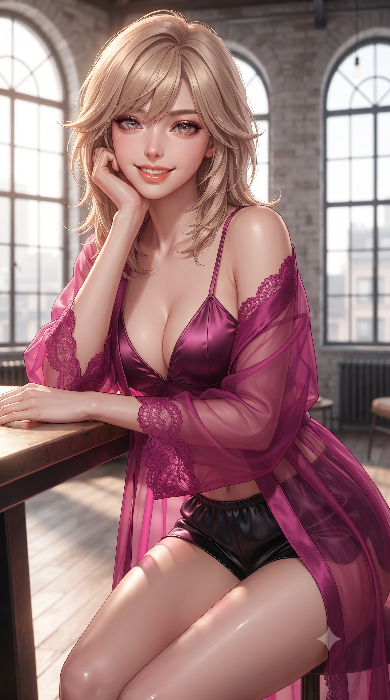 score_9, masterpiece, best quality, ultra-detailed, high-budget anime keyframe, editorial fashion photography, tasteful artistic composition, Japanese woman. close-up cowboy shot from the waist and thighs up, the character dominates the composition, filling the frame with her large presence. resting one elbow on the table and supporting her chin, leaning close to the camera with heavy-lidded sparkling eyes and parted lips while twisting her slender torso in an alluring S-curve beside the tall arched factory sash windows, cobblestone streetlights tracing her narrow waist and hips. The surrounding environment is rendered in vivid detail and crisp panoramic clarity: sharp hand-hammered copper tub sheen, distressed whitewashed brick mortar joints, and weathered pine plank knots in deep focus. She has an exceptionally elegant, slender, and willowy female figure with an ultra-slim waist, flat toned midriff, narrow ribcage, and sculpted feminine hips creating an alluring, slim hourglass silhouette without bulk. sharp v-shaped jawline, high-bridge nose, intricate jewel-like sparkling eyes with depth, thick eyelashes, glossy parted lips with a natural peach sheen, bright cheerful beaming smile with an enchanting and coquettish sensual glint, exuding both youthful cute charm and seductive allure, flawlessly proportioned anatomical accuracy, strict slender model proportions, natural body alignment, perfectly sculpted long slender limbs, ultra-slim waistline, clean dynamic posture without body distortion. wearing a sheer silk organza modern caftan robe worn loose and slipping off bare shoulders over a matching satin bralette and micro-shorts in Gangnam electric magenta noir and glossy onyx, woven from fine semi-opaque stretch illusion mesh tracing her slender contours, finished with scalloped eyelash lace trim framing her sweetheart neckline with intimate elegance, the form-contouring silhouette accentuating her sculpted flat midriff, narrow delicate ribcage, and gracefully curvy hips with intoxicating allure. illuminated by polished copper reflection fill and warm copper-gold rim lights defining her razor-sharp jawline, narrow waist, and curvy hips. ultra-reflective glossy finish, specular highlights, rich textural contrasts, high-contrast stereoscopic depth, volumetric dynamic lighting, 2k, ultra detail, master piece, 9:16 ratio