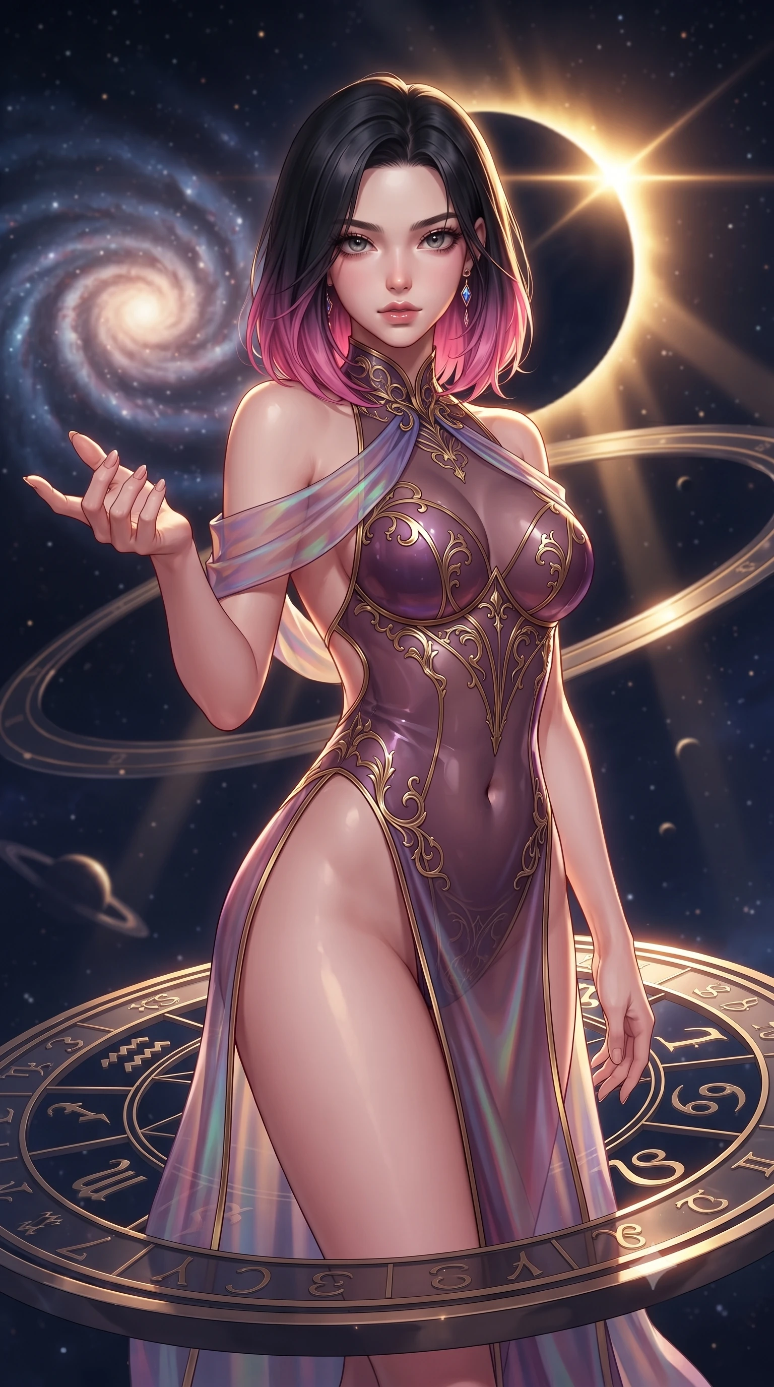 score_9, masterpiece, best quality, ultra-detailed, high-budget anime keyframe, editorial fashion photography, tasteful artistic composition, Korean woman. close-up cowboy shot from the waist and thighs up, the character dominates the composition, filling the frame with her large presence, background elements kept in soft focus. Reaching one hand gracefully toward the viewer with effortless superiority and allure standing on a floating zodiac dial beneath a swirling spiral nebula, a cosmic eclipse casting brilliant golden rim highlights. She has an exceptionally elegant, slender, and willowy female figure with an ultra-slim waist, a gracefully sculpted slender torso, and a refined silhouette. sharp v-shaped jawline, high-bridge nose, intricate jewel-like eyes with depth, thick eyelashes, glossy lips with a natural sheen. wearing a high-cut translucent vinyl leotard with front paneling and open back in plum purple and gold filigree, crafted from iridescent chiffon that shifts colors in the light, finished with a sleek side slit ascending to mid-thigh, the elegant draped fit framing her graceful clavicle and slender torso. bathed in warm sunbursts filtering through floating orbital rings. highly saturated vibrant anime colors, detailed shading with soft gradients, rich glossy textures, high-contrast stereoscopic depth, volumetric dynamic lighting, master piece, 9:16 ratio