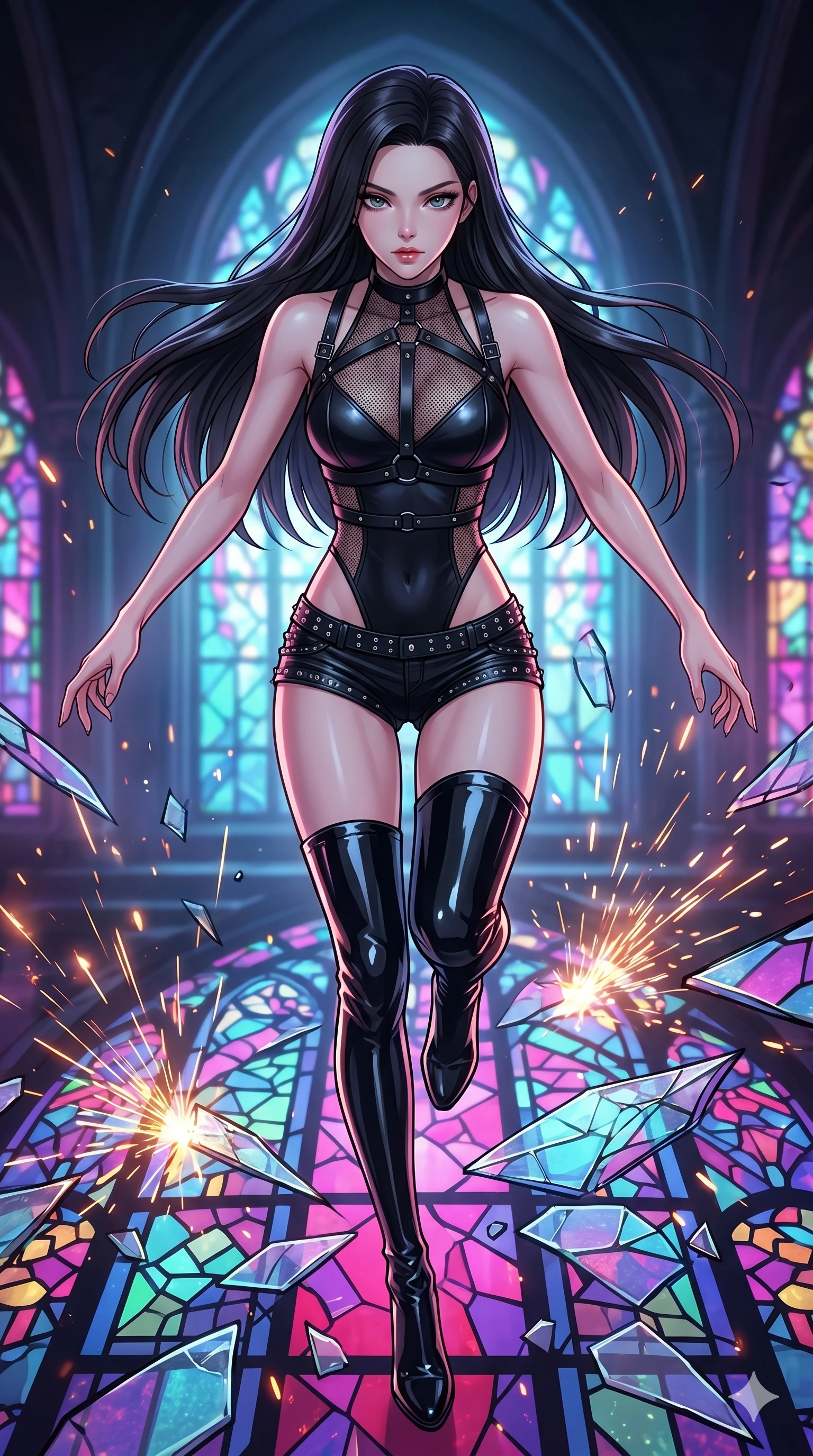 score_9, masterpiece, best quality, ultra-detailed, high-budget anime movie keyframe, cinematic anime lighting, intricate line art, Japanese woman. Extreme high angle shot as she leaps towards the camera, filling the frame. leaping across shattered stained glass of a neon cathedral while sparks fly. She has an absolutely perfect 8-heads proportion, an exceptionally tall and slender female figure with an ultra-slim waist and impossibly long slender legs. strictly human anatomy, two legs only, no extra limbs, clearly defined legs and arms, perfect anatomy, perfect hands and fingers. sharp v-shaped jawline, high-bridge nose, intricate jewel-like eyes, thick eyelashes, glossy lips. Wearing K-Idol Stage: Leather harness over mesh, high-cut bodysuit, studded micro-shorts, and thigh-high patent boots. The scene is illuminated by dramatic atmospheric lighting and vibrant color palettes. , 2k, ultra detail, master piece, 9:16 ratio