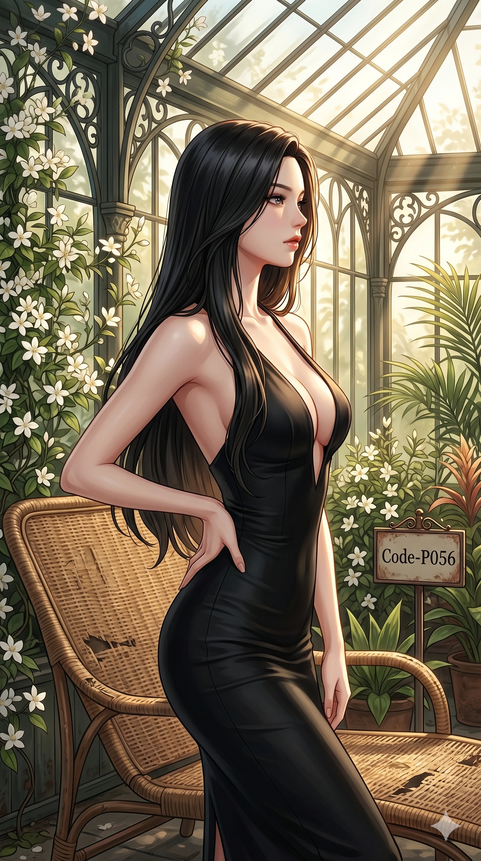 score_9, masterpiece, best quality, ultra-detailed, high-budget anime keyframe, editorial fashion photography, tasteful artistic composition, Korean woman. cowboy shot from the thighs up, character and outfit filling the frame for maximum editorial presence. posing with quiet magnetic self-assurance, her face turned in a sharp profile against the golden light inside a sun-drenched greenhouse conservatory with climbing white jasmines and wicker chaise lounge (Code-P056). She has an absolutely perfect 8-heads proportion, an exceptionally tall and slender female figure with impossibly long slender legs and an ultra-slim waist. V-shaped jawline, high-bridge nose, intricate jewel-like eyes with depth, thick eyelashes, glossy lips with a natural sheen. wearing a sleek form-fitting black bodycon dress with a dramatic plunging neckline and bare shoulders. drenched in soft morning sunbeams filtering through the glass roof, highlighting her delicate clavicle. 2k, ultra detail, master piece, 9:16 ratio
