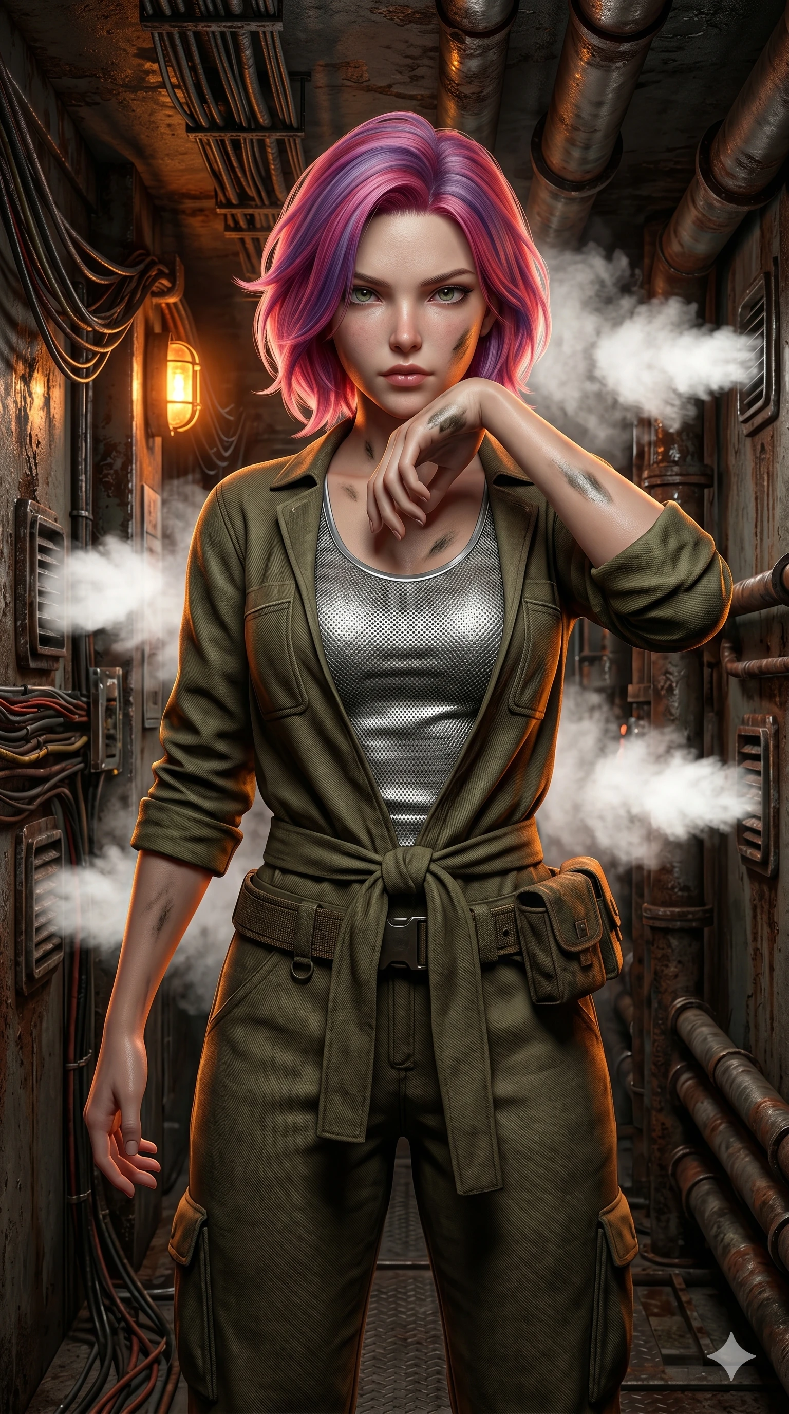score_9, masterpiece, best quality, ultra-detailed, high-budget anime keyframe, semi-realistic 3D game render, Caucasian woman, strictly human ears. Upper body close-up from the thighs up, character filling the screen for maximum presence. Standing in a narrow corridor with exposed wires and steam pipes, wiping a smudge of grease from her cheek with a determined look. She is wearing a utility jumpsuit tied at the waist, worn over a sleek metallic tank top. The scene is lit by flickering orange lights and white steam vents highlighting her silhouette. 2k, ultra detail, master piece, 9:16 ratio
