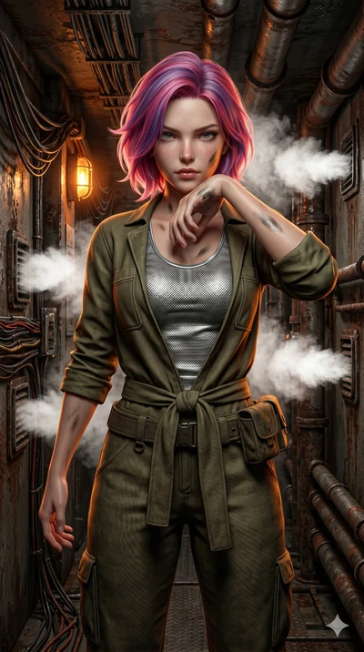 score_9, masterpiece, best quality, ultra-detailed, high-budget anime keyframe, semi-realistic 3D game render, Caucasian woman, strictly human ears. Upper body close-up from the thighs up, character filling the screen for maximum presence. Standing i