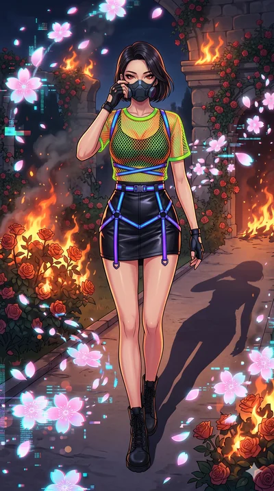 score_9, masterpiece, best quality, ultra-detailed, Set A: High-budget Anime Keyframe, Korean woman. Low angle cowboy shot filling the entire 9:16 frame with her statuesque presence. Adjusting a mask through a burning rose garden, while her shadow mi