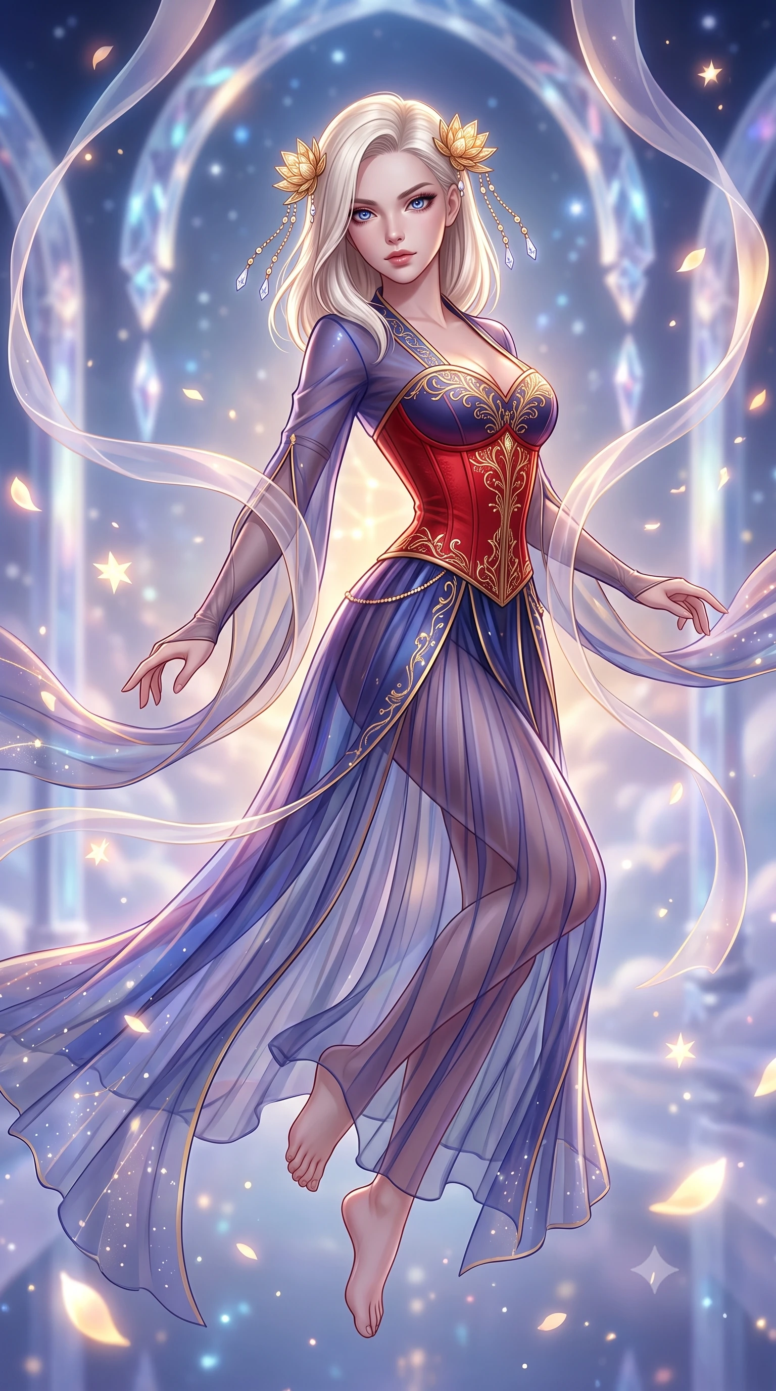 score_9, masterpiece, best quality, ultra-detailed, high-budget anime keyframe, semi-realistic 3D game render, editorial fashion photography, tasteful artistic composition, Caucasian woman. close-up cowboy shot from the waist and thighs up, the character dominates the composition, filling the frame with her large presence. radiating intense magnetic charisma with jewel-like eyes locked onto the viewer, her upper body turning in a dynamic, fluid S-curve while floating weightlessly in a celestial sanctuary chamber where endless translucent silk ribbons and glowing star petals drift in zero gravity. The composition keeps background elements in soft focus with creamy bokeh. infinite celestial mirror walls and floating crystal arches softened in dreamy shallow focus. She has an exceptionally elegant, slender, and willowy female figure with an ultra-slim waist, a gracefully sculpted slender torso, toned flat midriff, and a refined slim silhouette. sharp v-shaped jawline, high-bridge nose, intricate jewel-like eyes with depth, thick eyelashes, glossy lips with a natural sheen, captivating and magnetic expression, flawlessly proportioned anatomical accuracy, strict slender model proportions, natural body alignment, perfectly sculpted long slender limbs, ultra-slim waistline, clean dynamic posture without body distortion. wearing a sacred shrine maiden couture robe with sheer pleated chiffon skirt and structured scarlet corset top in midnight indigo and glowing starlight gold, crafted from weightless prism organza that refracts light with every motion, finished with delicate golden lotus hairpins and dangling crystal beads, the glove-like aerodynamic second-skin fit tightly clinging to her ultra-slender waist and athletic curves without adding bulk, accentuating her razor-sharp statuesque lines and slim hourglass silhouette. bathed in multidirectional celestial starlight and warm golden constellation backlighting. highly saturated vibrant anime colors, detailed shading with soft gradients, rich glossy textures, high-contrast stereoscopic depth, volumetric dynamic lighting, master piece, 9:16 ratio