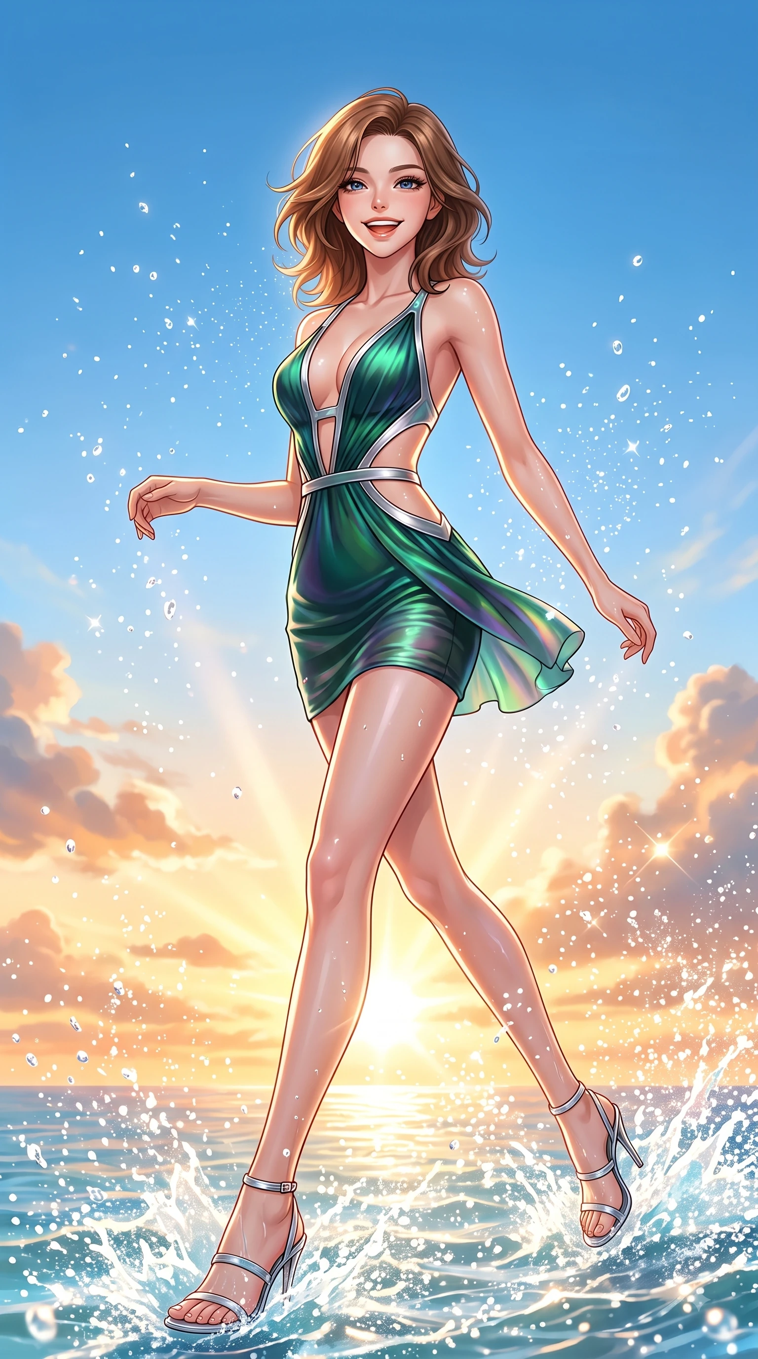 score_9, masterpiece, best quality, ultra-detailed, high-budget anime keyframe, editorial fashion photography, tasteful artistic composition, Korean woman. low angle full-body shot from head to toe showing her feet, filling the entire 9:16 vertical frame with her statuesque presence, stretching her vertical silhouette. stepping forward in a proud dynamic stride with a cheerful beaming smile, her vertical silhouette filling the frame while leaping with a radiant bright smile into the sparkling sea spray under a clear blue sky, dazzling tropical sunlight scattering sparkling water droplets around her laughing silhouette. She has an absolutely perfect, statuesque 8.5-heads proportion, an exceptionally tall and slender model-like female figure with impossibly long slender legs and an ultra-slim waist. sharp v-shaped jawline, high-bridge nose, intricate jewel-like eyes with depth, thick eyelashes, glossy lips with a natural sheen, flawlessly proportioned anatomical accuracy, natural body alignment, perfectly sculpted elegant limbs, clean dynamic posture without body distortion. wearing a dramatic open-waist cutout mini dress framed by sculptural hardware in deep emerald green and silver accent, crafted from iridescent chiffon that shifts colors in the light, featuring subtle geometric cutouts that highlight her ultra-slim midriff, the glove-like fit emphasizing her statuesque silhouette during motion. illuminated by a glorious golden hour sunburst painting the clouds in joyful peach and amber. highly saturated vibrant anime colors, detailed shading with soft gradients, rich glossy textures, high-contrast stereoscopic depth, volumetric dynamic lighting, master piece, 9:16 ratio