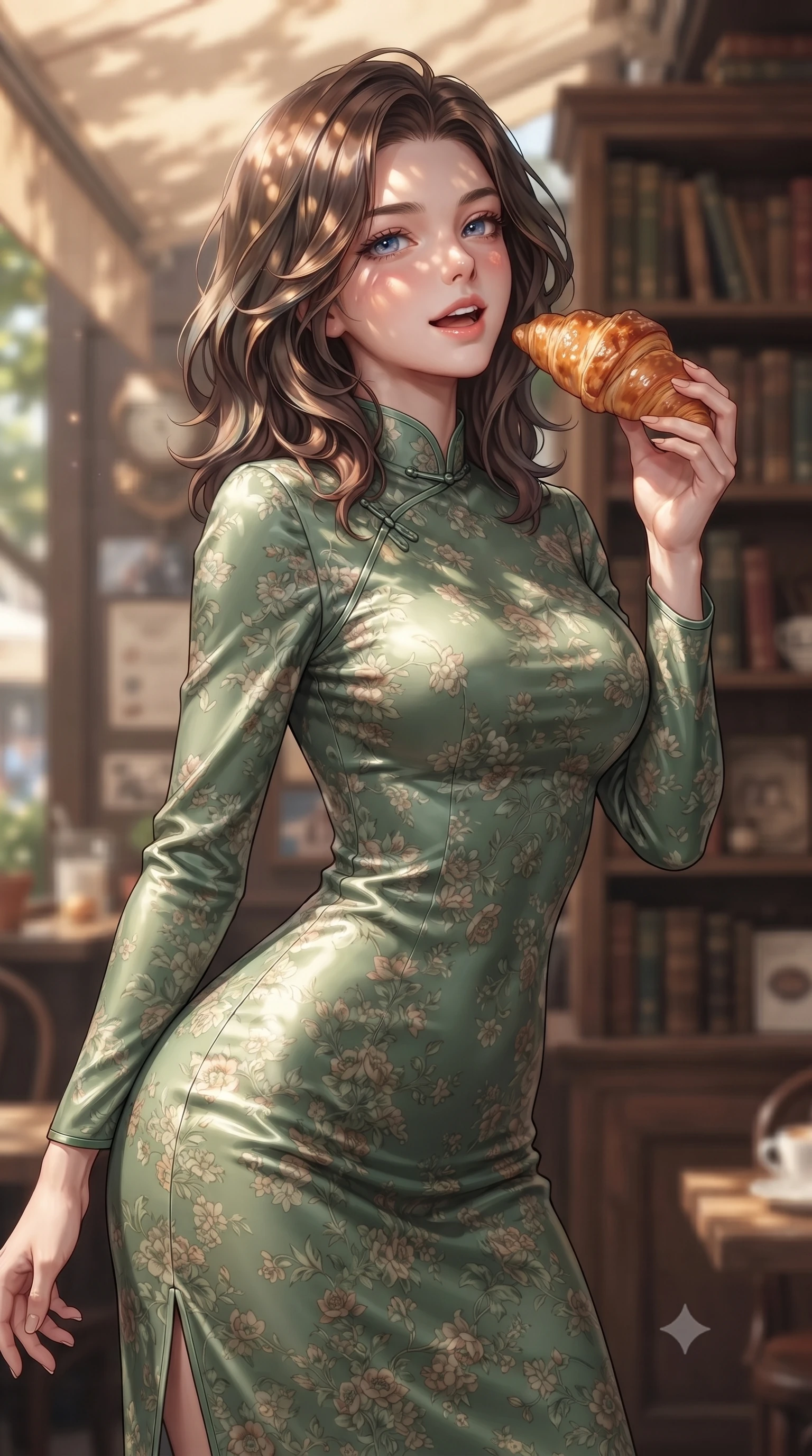 score_9, masterpiece, best quality, ultra-detailed, high-budget anime keyframe, editorial fashion photography, tasteful artistic composition, Korean woman. close-up cowboy shot from the waist and thighs up, the character dominates the composition, filling the frame with her large presence, background elements kept in soft focus. archingly tilting her head back slightly with a soft, sensual half-smile and parted lips set against a soft-focus background of in a cozy wooden-themed coffee shop decorated with antique bookshelf walls holding a freshly baked croissant with a happy, delighted look. She has an exceptionally elegant, slender, and willowy female figure with an ultra-slim waist, a gracefully sculpted slender torso, and a refined silhouette. sharp v-shaped jawline, high-bridge nose, intricate jewel-like eyes with depth, thick eyelashes, glossy lips with a natural sheen. wearing body-hugging lovely floral print midi dress in sage green, featuring a high collar and long sleeves. dappled sunlight filtering through the outdoor awning onto her face. ultra-reflective glossy finish, specular highlights, metallic sheen, high-contrast stereoscopic depth, volumetric dynamic lighting, 2k, ultra detail, master piece, 9:16 ratio
