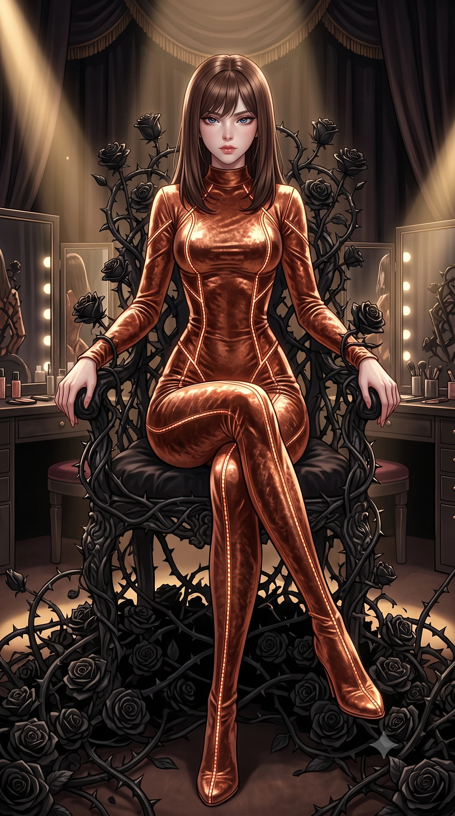 score_9, masterpiece, best quality, ultra-detailed, High-budget Anime Keyframe, East Asian woman. Dynamic full-body shot stretching the vertical silhouette to the limit. Scenario 480: resting on a throne of black roses, thorns grazing her skin, in a velvet-lined dressing room illuminated by soft golden spotlights. Her presence is magnetic and overpowering in this high-budget anime scene. Outfit 480: a slim-fit metallic copper crushed velvet catsuit featuring a refined mock-neck collar and glowing LED seams. The clothing is designed to emphasize her exceptionally tall and slender 8-heads proportion. 8-heads proportion, towering silhouette, ultra-slim waist. sharp v-shaped jawline, intricate jewel-like eyes with depth, thick eyelashes, glossy lips. 2k, ultra detail, master piece, 9:16 ratio