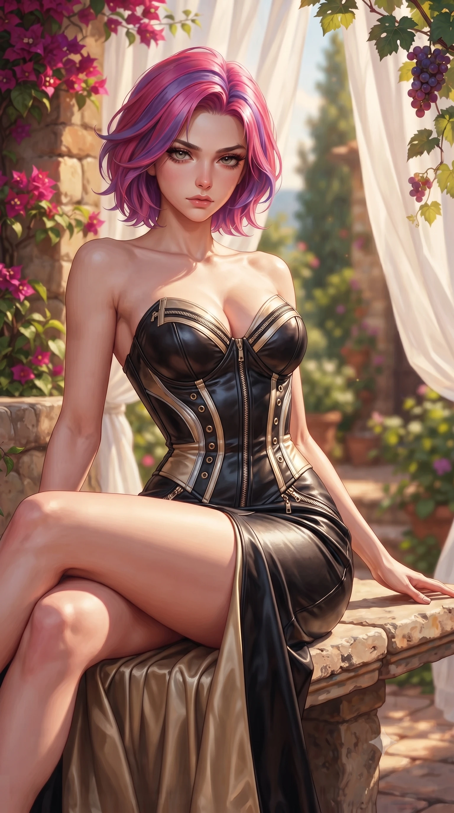 score_9, masterpiece, best quality, ultra-detailed, high-budget anime keyframe, editorial fashion photography, tasteful artistic composition, Caucasian woman. close-up cowboy shot from the waist and thighs up, the character dominates the composition, filling the frame with her large presence, background elements kept in soft focus. Casting a slow, direct gaze beneath heavy lashes with quiet intensity, lounging on a stone bench surrounded by climbing bougainvillea and grapevines, sheer linen curtains fluttering gently in the warm country breeze. She has an exceptionally elegant, slender, and willowy female figure with an ultra-slim waist, a gracefully sculpted slender torso, and a refined silhouette. sharp v-shaped jawline, high-bridge nose, intricate jewel-like eyes with depth, thick eyelashes, glossy lips with a natural sheen. wearing low-cut gothic structured bodice gown with high leg slit in champagne gold, made of polished black leather, finished with metallic silver boning and sleek zipper points, the fitted fabric emphasizing her ultra-slim waist. lit by clear golden key rays casting soft graceful shadows. highly saturated vibrant anime colors, detailed shading with soft gradients, rich glossy textures, high-contrast stereoscopic depth, volumetric dynamic lighting, master piece, 9:16 ratio