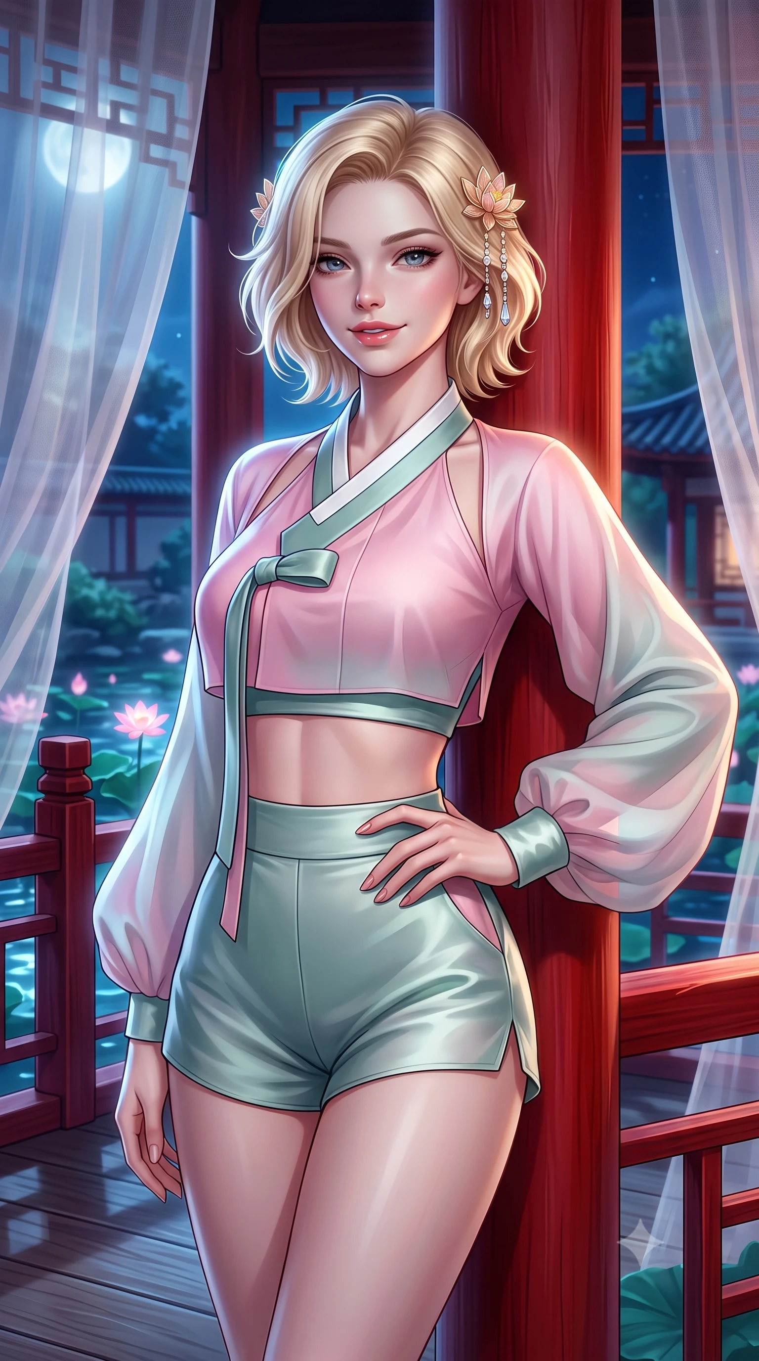 score_9, masterpiece, best quality, ultra-detailed, high-budget anime keyframe, semi-realistic 3D game render, editorial fashion photography, tasteful artistic composition, Caucasian woman. close-up cowboy shot from the waist and thighs up, the character dominates the composition, filling the frame with her large presence. smiling with subtle, enchanting allure and glossy parted lips, one hand resting on her waist with effortless supermodel poise while leaning against the scarlet pillar of a moonlit silk gazebo as translucent organza curtains sway in the night breeze. The surrounding environment is rendered in vivid detail and crisp panoramic clarity. sharp lacquered wooden bridge railings, glowing lotus blossom veins, and water ripple caustics in deep focus. She has an exceptionally elegant, slender, and willowy female figure with an ultra-slim waist, a gracefully sculpted slender torso, toned flat midriff, and a refined slim silhouette. sharp v-shaped jawline, high-bridge nose, intricate jewel-like eyes with depth, thick eyelashes, glossy lips with a natural sheen, captivating and magnetic expression, flawlessly proportioned anatomical accuracy, strict slender model proportions, natural body alignment, perfectly sculpted long slender limbs, ultra-slim waistline, clean dynamic posture without body distortion. wearing a modern shortened cyber-hanbok crop top with wide billowing sleeves and high-waist silk shorts in lotus petal pink and jade mist, tailored from crisp ceremonial cotton and multi-layered translucent chiffon, finished with delicate golden lotus hairpins and dangling crystal beads, the precision-cut daring openings accentuating her delicate midriff, graceful bare collarbones, and ultra-slim feminine waistline. surrounded by an otherworldly, sacred, and breathtakingly pure moon goddess aura. highly saturated vibrant anime colors, detailed shading with soft gradients, rich glossy textures, high-contrast stereoscopic depth, volumetric dynamic lighting, master piece, 9:16 ratio