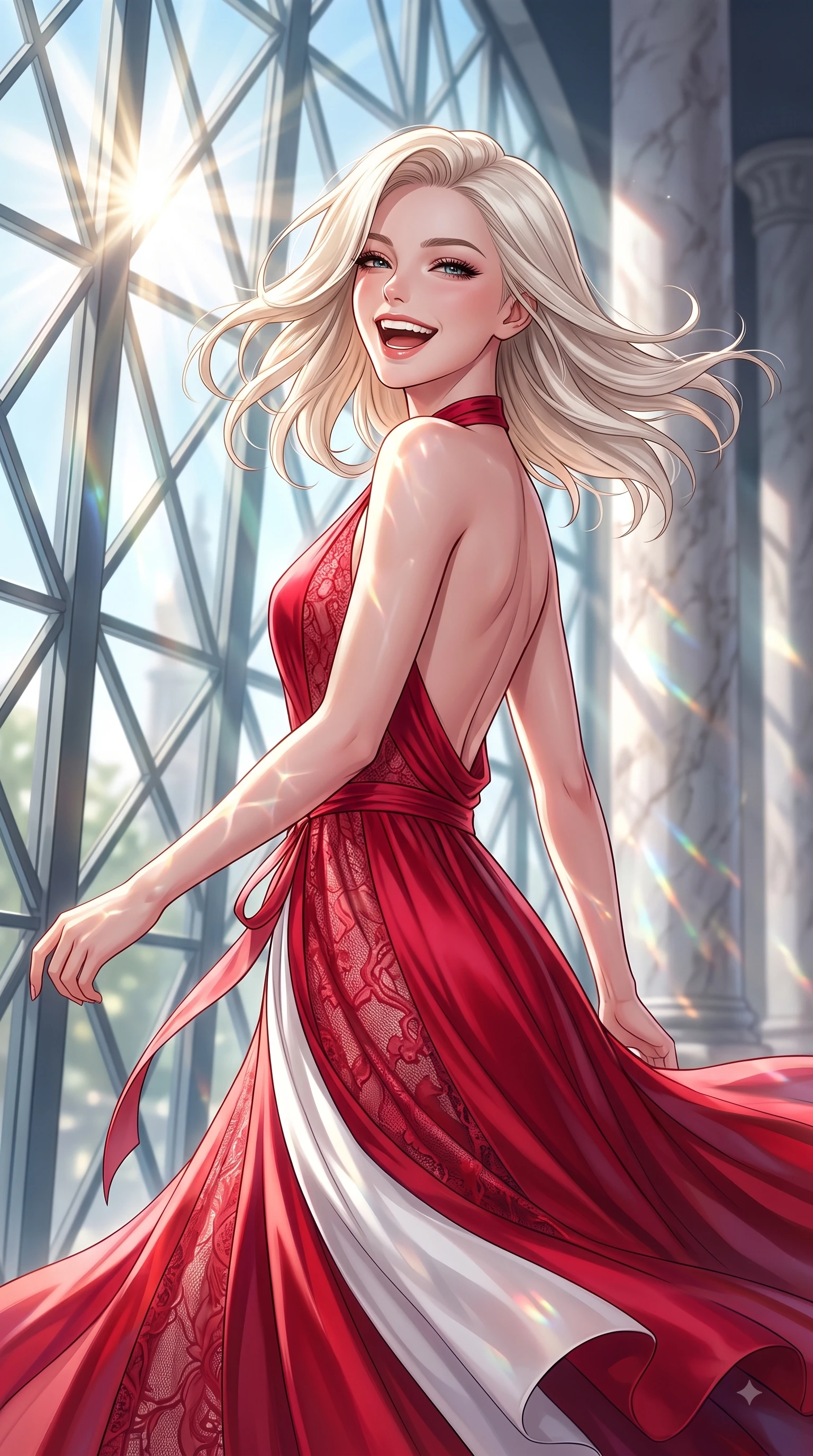 score_9, masterpiece, best quality, ultra-detailed, high-budget anime keyframe, editorial fashion photography, tasteful artistic composition, Caucasian woman. close-up cowboy shot from the waist and thighs up, the character dominates the composition, filling the frame with her large presence. Beaming joyful energy with a infectious laughter that brightens the entire composition while pivoting dynamically near a towering geometric glass facade with intense sunlight filtering through. The composition keeps background elements in soft focus with dreamy bokeh. sunlit water refractions and marble pillars softened by creamy shallow depth of field. She has an exceptionally elegant, slender, and willowy female figure with an ultra-slim waist, a gracefully sculpted slender torso, and a refined silhouette. sharp v-shaped jawline, high-bridge nose, intricate jewel-like eyes with depth, thick eyelashes, glossy lips with a natural sheen, flawlessly proportioned anatomical accuracy, natural body alignment, perfectly sculpted elegant limbs, clean dynamic posture without body distortion. wearing a dramatic crimson silk halter-neck gown with a draped open-back silhouette in vibrant crimson red and crisp snow white, made of fine lace weave and soft satin jersey, accented with a delicate side waist sash creating fluid lines, the fluid drape swaying gracefully with her dynamic editorial movement. surrounded by a high-end, luxury architectural fashion aesthetic. highly saturated vibrant anime colors, detailed shading with soft gradients, rich glossy textures, high-contrast stereoscopic depth, volumetric dynamic lighting, master piece, 9:16 ratio