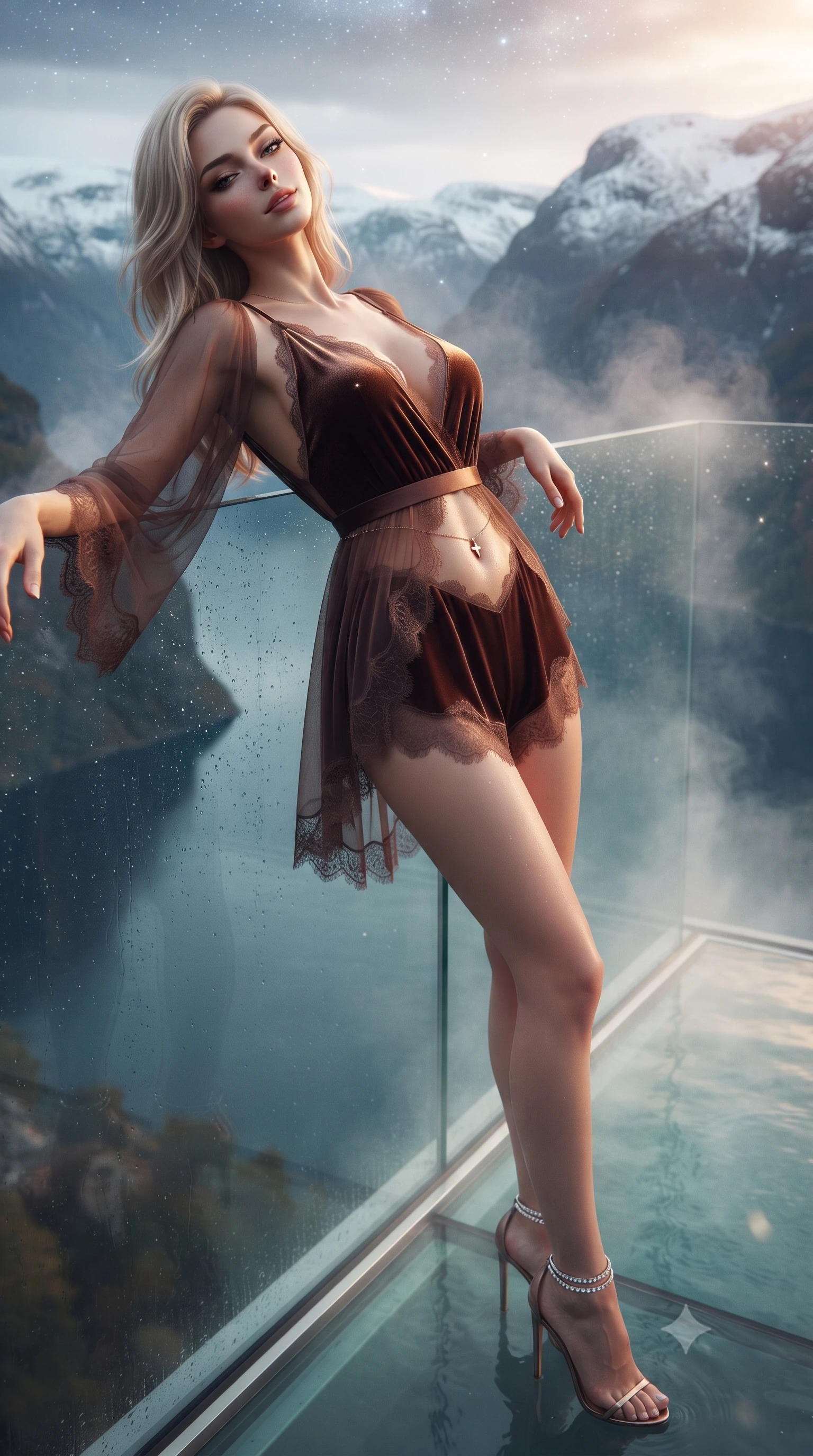 score_9, masterpiece, best quality, ultra-detailed, high-budget anime keyframe, editorial fashion photography, tasteful artistic composition, Caucasian woman. close-up cowboy shot from the waist and thighs up, the character dominates the composition, filling the frame with her large presence. leaning back against the balustrade with relaxed seductive grace, head tilted back slightly while casting a hypnotic, heavy-lidded gaze while standing inside the steaming glass-walled hydrotherapy spa cantilevered high over the fjord abyss, arching her spine with supermodel poise. The surrounding environment is rendered in vivid detail and crisp panoramic clarity: detailed wet-look vinyl bustier texture, delicate waist chain shine, and Scandinavian cantilever engineering in high resolution. She has an exceptionally elegant, slender, and willowy female figure with an ultra-slim waist, flat toned midriff, narrow ribcage, and sculpted feminine hips creating an alluring, slim hourglass silhouette without bulk. sharp v-shaped jawline, high-bridge nose, sparkling eyes with hypnotic seductive depth, thick curled eyelashes, glossy parted lips with a natural dewy peach sheen, alluring bedroom-eyes with an enchanting coquettish smile, exuding magnetic siren charisma and sophisticated glamour, flawlessly proportioned anatomical accuracy, strict slender model proportions, natural body alignment, perfectly sculpted long slender limbs, ultra-slim waistline, clean dynamic posture without body distortion. wearing a plunge-neck stretch velvet romper with scalloped eyelash-lace hems and a cinched waist ribbon in sultry espresso bronze and metallic copper, made of sheer gossamer chiffon that drapes softly against skin with airy translucence, complemented by strappy stiletto sandals with crystal ankle wraps accentuating her slender calves, the form-contouring silhouette accentuating her sculpted flat midriff, narrow delicate ribcage, and gracefully curvy hips with intoxicating allure. bathed in soft underwater 3200K warm white hydro-spa glow mixed with celestial starlight fill. ultra-reflective glossy finish, specular highlights, rich textural contrasts, high-contrast stereoscopic depth, volumetric dynamic lighting, 2k, ultra detail, master piece, 9:16 ratio