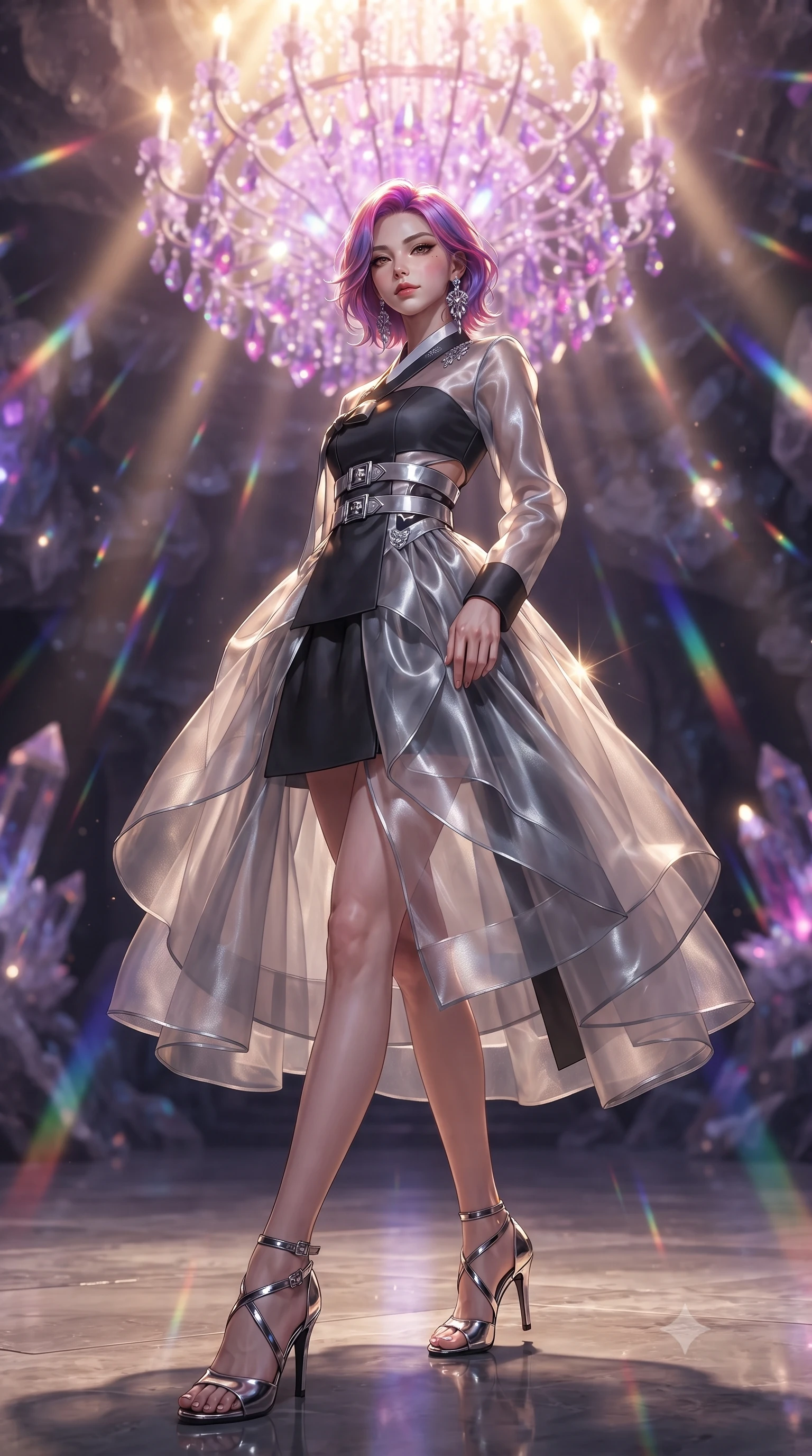 score_9, masterpiece, best quality, ultra-detailed, high-budget anime keyframe, editorial fashion photography, tasteful artistic composition, Caucasian woman. low angle full-body shot from head to toe showing her feet, filling the entire 9:16 vertical frame with her statuesque presence, stretching her vertical silhouette. navigating the luminous space with effortless poise, displaying her perfect model proportions poised beneath a giant crystal chandelier refracting subterranean sunlight, massive violet and magenta crystal facets scattering prismatic light rays. She has an absolutely perfect, statuesque 8.5-heads proportion, an exceptionally tall and slender model-like female figure with impossibly long slender legs and an ultra-slim waist. sharp v-shaped jawline, high-bridge nose, intricate jewel-like eyes with depth, thick eyelashes, glossy lips with a natural sheen. wearing a modern fusion silk hanbok dress with a structured bodice in matte black and polished silver, woven from fine semi-opaque sheer organza, detailed with polished silver buckles along the waistline, the glove-like fit emphasizing her statuesque silhouette. lit by warm golden sunlight colliding with cool violet crystal illumination. ultra-reflective glossy finish, specular highlights, metallic sheen, high-contrast stereoscopic depth, volumetric dynamic lighting, 2k, ultra detail, master piece, 9:16 ratio