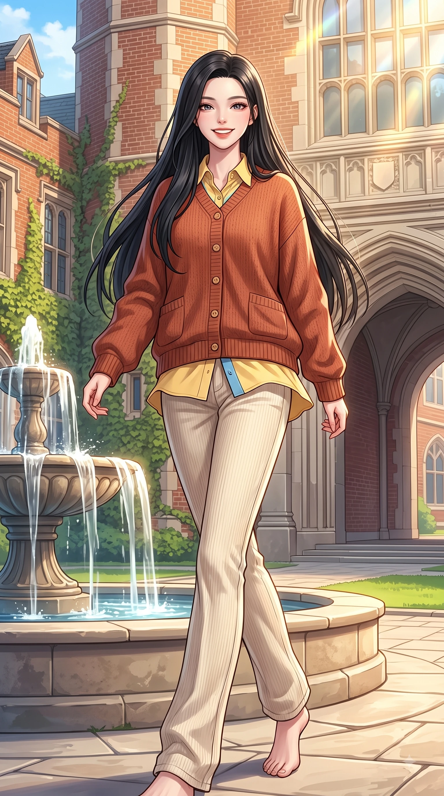 score_9, masterpiece, best quality, ultra-detailed, high-budget anime keyframe, editorial fashion photography, tasteful artistic composition, Korean woman. low angle full-body shot from head to toe showing her feet, filling the entire 9:16 vertical frame with her statuesque presence, stretching her vertical silhouette. walking forward in a proud dynamic stride with a cheerful beaming smile, her vertical silhouette filling the frame while reaching out cheerfully with a bright smile near a grand stone fountain on the college quad. The surrounding environment is rendered in vivid detail and crisp panoramic clarity. classic red-brick campus architecture, ivy-covered stone walls, and grand archways in crisp detail. She has an absolutely perfect, statuesque 8.5-heads proportion, an exceptionally tall and slender model-like female figure with impossibly long slender legs and an ultra-slim waist. sharp v-shaped jawline, high-bridge nose, intricate jewel-like eyes with depth, thick eyelashes, glossy lips with a natural sheen, flawlessly proportioned anatomical accuracy, natural body alignment, perfectly sculpted elegant limbs, clean dynamic posture without body distortion. wearing an oversized terracotta knit jumper over soft cream corduroy pants in sunny daffodil yellow and clear sky blue, tailored from crisp cotton poplin, finished with neat front wooden buttons and pocket details, the breezy lightweight fabric fluttering softly against her delicate frame. illuminated by warm golden sunbursts and bright clear sky refractions. highly saturated vibrant anime colors, detailed shading with soft gradients, rich glossy textures, high-contrast stereoscopic depth, volumetric dynamic lighting, master piece, 9:16 ratio