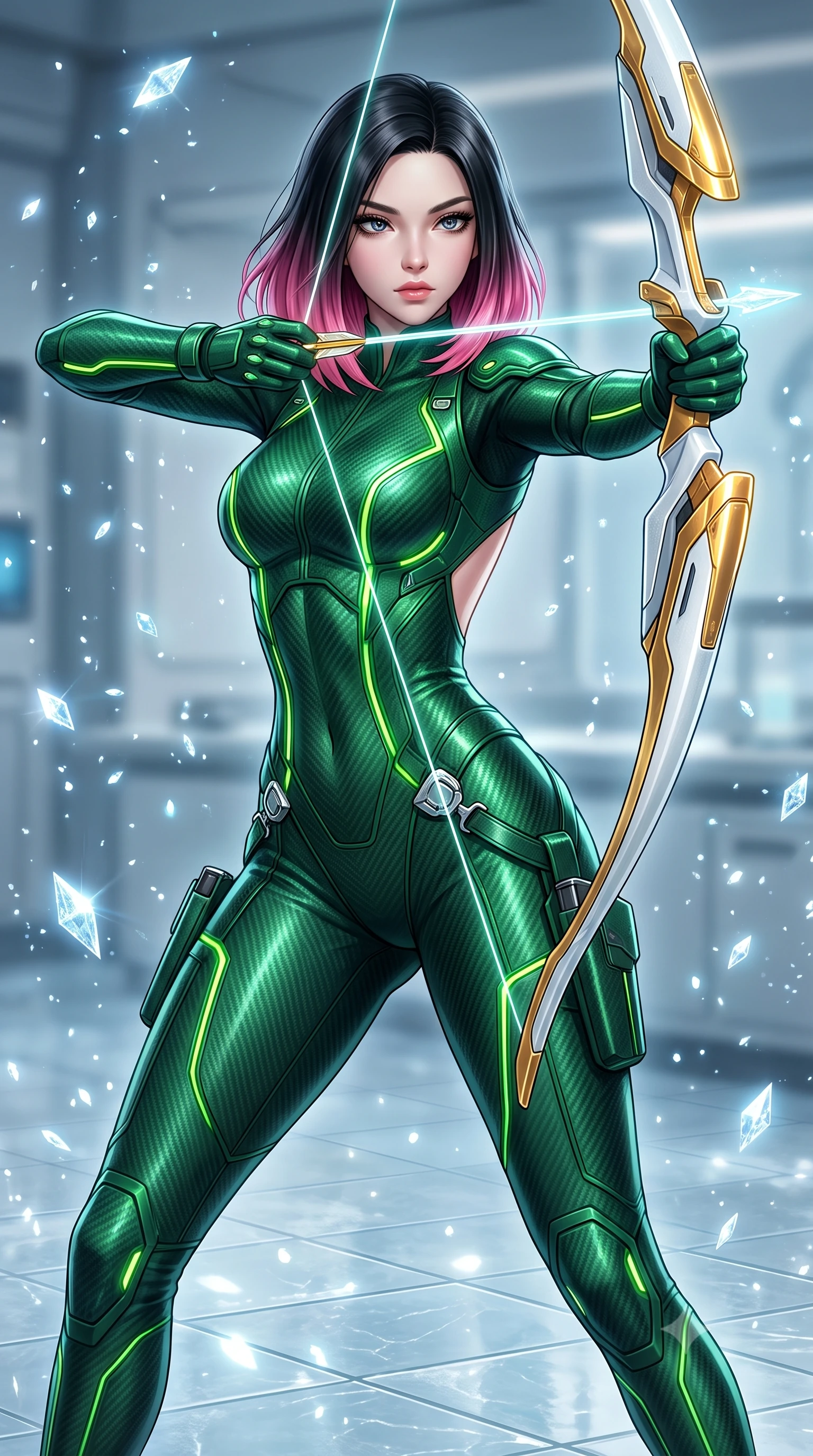 score_9, masterpiece, best quality, ultra-detailed, high-budget anime keyframe, semi-realistic 3D game render, editorial fashion photography, tasteful artistic composition, Korean woman. close-up cowboy shot from the waist and thighs up, the character dominates the composition, filling the frame with her large presence. twisting her upper body in a dynamic S-curve combat stance, one hand steadying her weapon with commanding supermodel allure while stepping across ice-slicked laboratory tiles with spear balanced horizontally, radiating sovereign arctic composure. The composition keeps background elements in soft focus with creamy bokeh. glistening diamond ice crystals scattering bright specular light motes across a cool backdrop. She has an exceptionally elegant, slender, and willowy female figure with an ultra-slim waist, a gracefully sculpted slender torso, toned flat midriff, and a refined slim silhouette. sharp v-shaped jawline, high-bridge nose, intricate jewel-like eyes with depth, thick eyelashes, glossy lips with a natural sheen, flawlessly proportioned anatomical accuracy, strict slender model proportions, natural body alignment, perfectly sculpted long slender limbs, ultra-slim waistline, clean dynamic posture without body distortion. wearing a tailored emerald-green carbon-fiber tactical jumpsuit with glowing lime LED channels and an open cowl back, drawing a floating holographic photon energy bow with supreme grace in arctic white carbon composite with radiant solar gold plating, tailored from flexible second-skin carbon-mesh that clings flawlessly to her athletic curves, detailed with magnetic weapon holsters and polished chrome connection clasps, the form-contouring material adhering flawlessly to her sculpted flat midriff and slender torso, emphasizing her long leg lines and perfectly proportioned willowy build. surrounded by a cool, lethal, and breathtakingly alluring frost-goddess special-operative aura. rich saturated anime colors with glowing neon highlights, detailed shading with soft gradients, rich glossy textures, high-contrast stereoscopic depth, volumetric dynamic lighting, master piece, 9:16 ratio