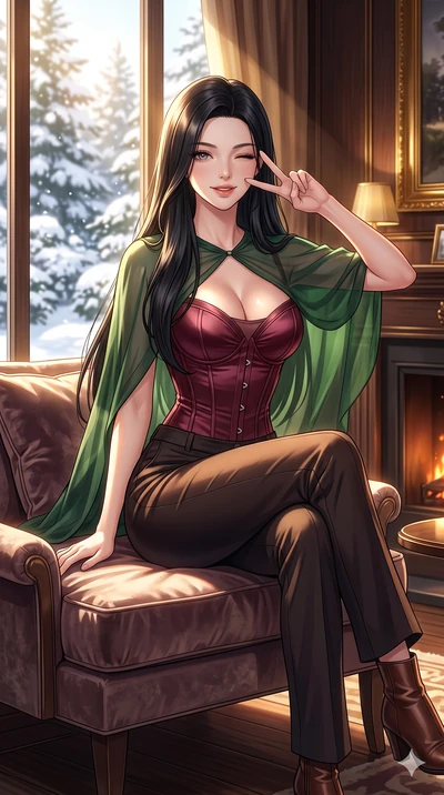 score_9, masterpiece, best quality, ultra-detailed, high-budget anime keyframe, vibrant anime aesthetic, Korean woman. cowboy shot from the thighs up, character and outfit filling the frame for maximum presence. She is sitting in a sunlit winter loun