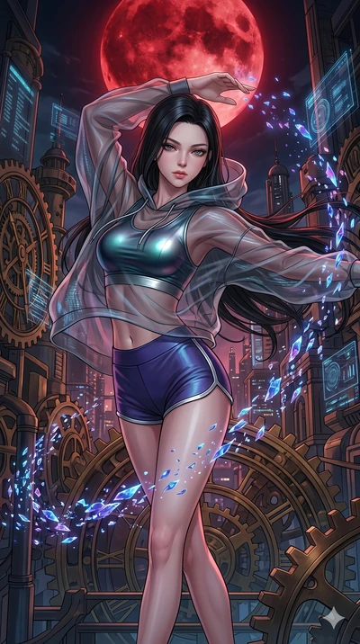 score_9, masterpiece, best quality, ultra-detailed, high-budget anime movie keyframe, cinematic anime lighting, intricate line art, Japanese woman. Upper body filling screen focusing on her alluring features and slim-fit silhouette. dancing with data