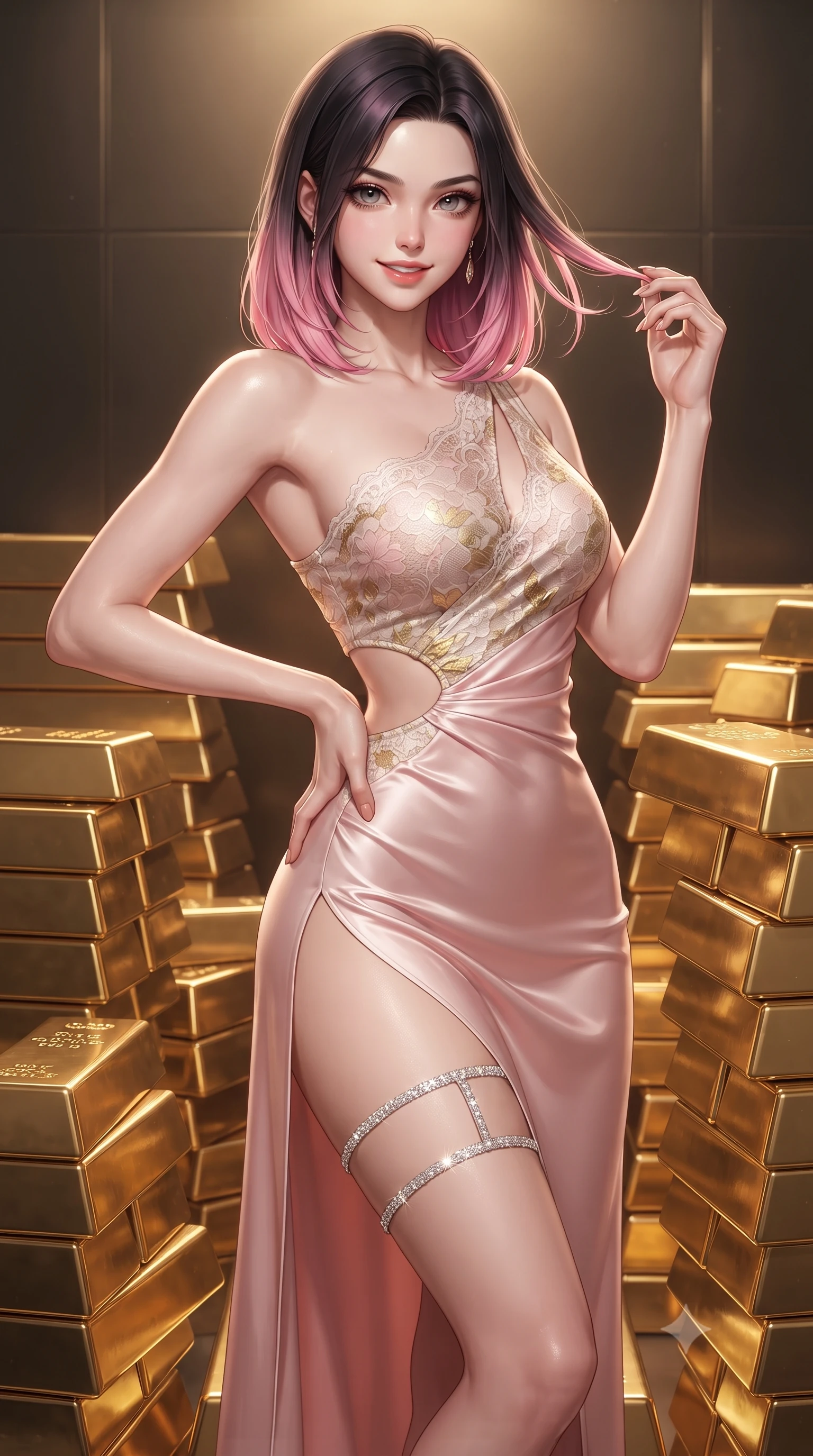 score_9, masterpiece, best quality, ultra-detailed, high-budget anime keyframe, editorial fashion photography, tasteful artistic composition, Korean woman. close-up cowboy shot from the waist and thighs up, the character dominates the composition, filling the frame with her large presence. twisting her slender torso in an alluring contrapposto stance, one hand resting on her sculpted hip while her fingers toy with her hair with effortless poise while standing poised between stacks of mirror-polished gold ingots, arching her back with breathtaking sovereign wealth glamour. The surrounding environment is rendered in vivid detail and crisp panoramic clarity: sharp stamped hallmarks on solid gold bars, brushed titanium door hinge machinery, and mirror reflection clarity in deep focus. She has an exceptionally elegant, slender, and willowy female figure with an ultra-slim waist, flat toned midriff, narrow ribcage, and sculpted feminine hips creating an alluring, slim hourglass silhouette without bulk. sharp v-shaped jawline, high-bridge nose, sparkling eyes with hypnotic seductive depth, thick curled eyelashes, glossy parted lips with a natural dewy peach sheen, alluring bedroom-eyes with an enchanting coquettish smile, exuding magnetic siren charisma and sophisticated glamour, flawlessly proportioned anatomical accuracy, strict slender model proportions, natural body alignment, perfectly sculpted long slender limbs, ultra-slim waistline, clean dynamic posture without body distortion. wearing an asymmetric one-shoulder liquid jersey nymph dress with dramatic hip-high slit and waist cutout in delicate blush peony pink and antique white lace with gold leaf, crafted from fluid liquid silk satin that clings smoothly to every curve with a dewy sheen, finished with delicate crystal-encrusted thigh garter straps glinting under the lights, the form-contouring silhouette accentuating her sculpted flat midriff, narrow delicate ribcage, and gracefully curvy hips with intoxicating allure. bathed in brilliant specular reflections bouncing from thousands of polished gold surfaces. ultra-reflective glossy finish, specular highlights, rich textural contrasts, high-contrast stereoscopic depth, volumetric dynamic lighting, 2k, ultra detail, master piece, 9:16 ratio