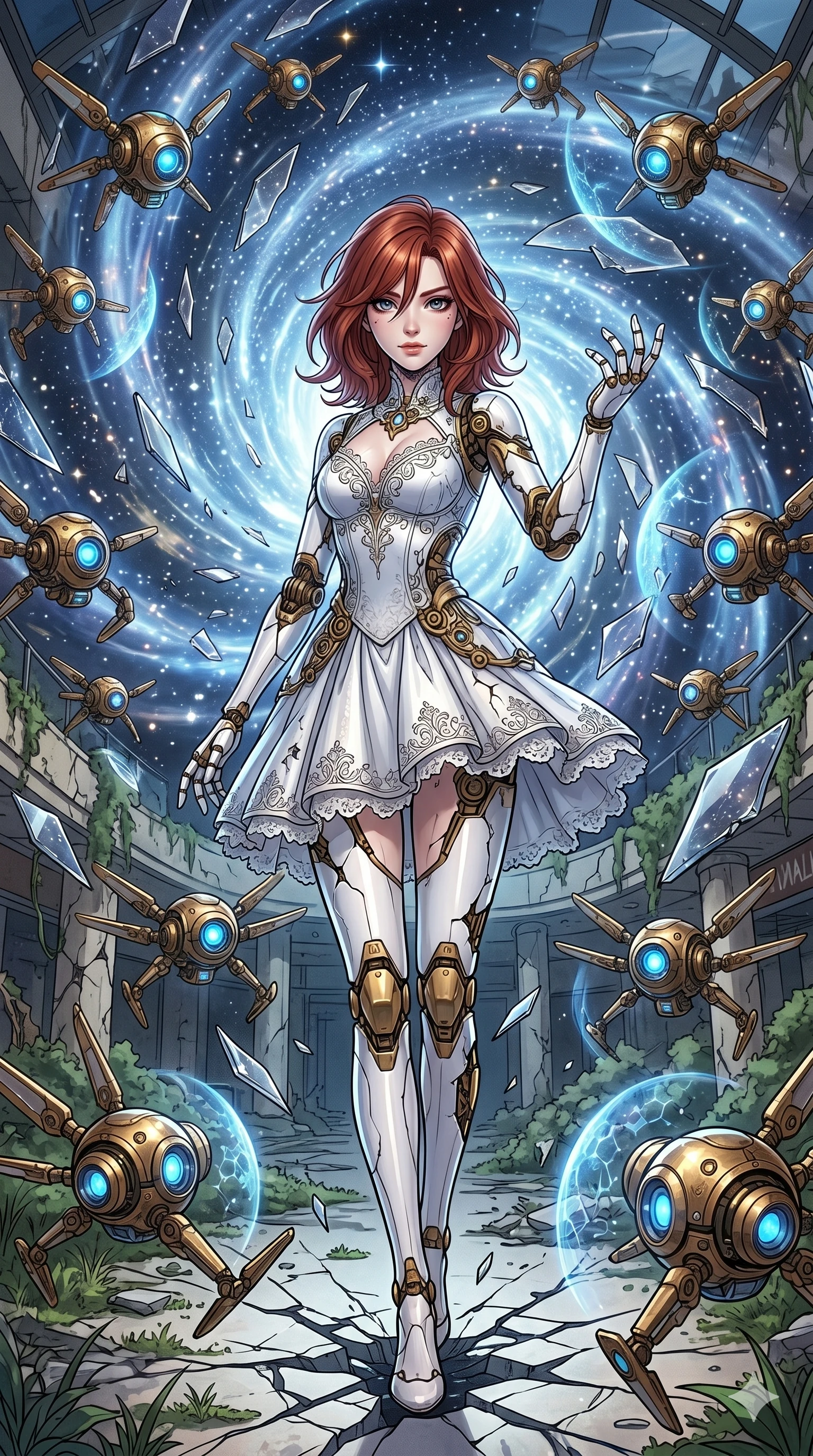 score_9, masterpiece, best quality, ultra-detailed, Set A: High-budget Anime Keyframe, Japanese woman. Upper body close-up from the thighs up, character filling the screen for maximum presence. Theme: Historical Remix. shattering the fabric of reality in a ruined overgrown shopping mall, surrounded by 139 hovering guardian drones. The atmosphere is filled with a swirling vortex of stars. She has an absolutely perfect 8-heads proportion, an exceptionally tall and slender female figure with impossibly long slender legs and an ultra-slim waist. Sharp v-shaped jawline, high-bridge nose, intricate jewel-like eyes with depth, glossy lips. Wearing Mechanical doll outfit with visible brass joints and a delicate porcelain-white dress. Cinematic lighting, vivid colors, dramatic shadows, 2k, ultra detail, master piece, 9:16 ratio