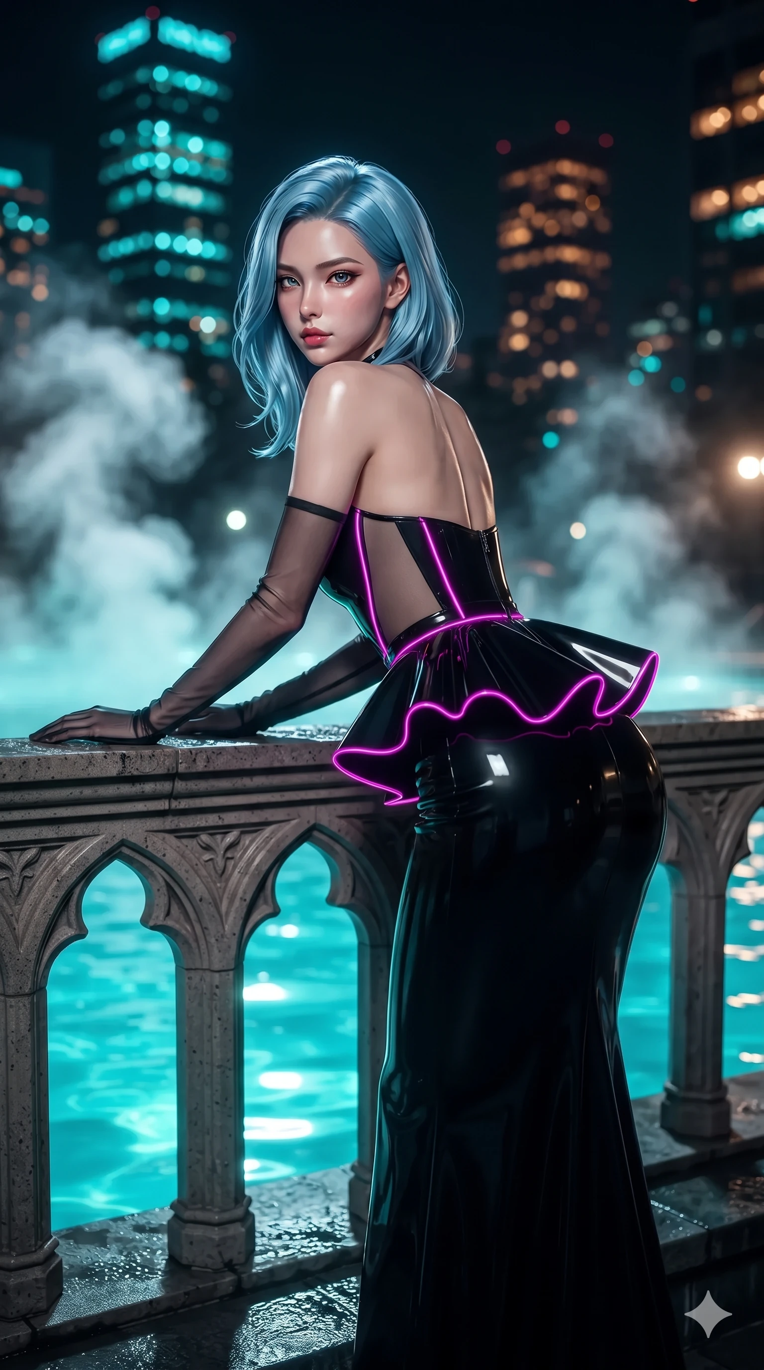 score_9, masterpiece, best quality, ultra-detailed, high-budget anime keyframe, editorial fashion photography, tasteful artistic composition, Korean woman. close-up cowboy shot from the waist and thighs up, the character dominates the composition, filling the frame with her large presence. leaning forward over the carved stone gothic balustrade, looking back with sleepy seductive bedroom-eyes as water reflections dance across her silhouette while twisting her slender torso in an alluring S-curve on the wet basalt ledge, glowing turquoise pool illumination and neon reflections tracing her silhouette. The background shows a soft-focus swirling white geothermal steam plumes, glowing turquoise thermal water, and distant illuminated skyscrapers blurred into turquoise, amber, and midnight obsidian bokeh. She has an exceptionally elegant, slender, and willowy female figure with an ultra-slim waist, flat toned midriff, narrow ribcage, and sculpted feminine hips creating an alluring, slim hourglass silhouette without bulk. sharp v-shaped jawline, high-bridge nose, intricate jewel-like sparkling eyes with depth, thick eyelashes, glossy parted lips with a natural sheen, intensely captivating and seductive bedroom-eyes expression, exuding both youthful cute charm and sovereign luxury allure, flawlessly proportioned anatomical accuracy, strict slender model proportions, natural body alignment, perfectly sculpted long slender limbs, ultra-slim waistline, clean dynamic posture without body distortion. wearing a structural geometric peplum gown with sheer side-ribbon cutouts and form-fitting skirt in black lacquer and vibrant magenta neon, tailored from heavy double-faced silk georgette with an exceptionally fluid drape, complemented by sheer opera-length evening gloves tracing her slender arms, the form-contouring material adhering flawlessly to her sculpted flat midriff and slender torso, emphasizing her long leg lines and perfectly proportioned willowy build. bathed in the radiant underwater turquoise glow of the thermal pool mixed with ambient city neon from the surrounding skyline. ultra-reflective glossy finish, specular highlights, rich textural contrasts, high-contrast stereoscopic depth, volumetric dynamic lighting, 2k, ultra detail, master piece, 9:16 ratio