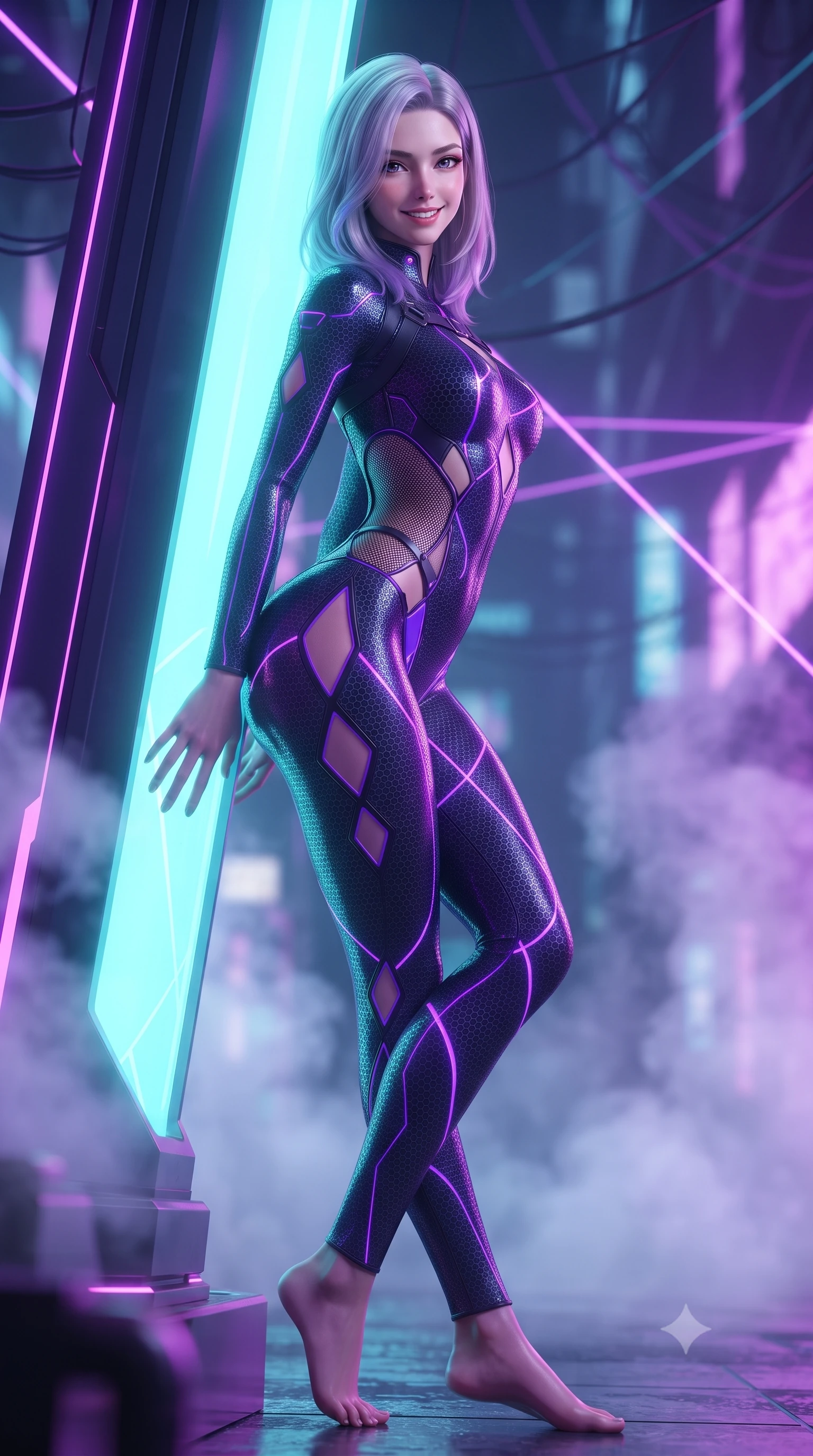 score_9, masterpiece, best quality, ultra-detailed, high-budget anime keyframe, editorial fashion photography, tasteful artistic composition, Caucasian woman. low angle full-body shot from head to toe showing her feet, filling the entire 9:16 vertical frame with her statuesque presence, stretching her vertical silhouette. leaning deep against the glowing energy conduit with hips cocked back in an unapologetically alluring high-fashion stance, flashing a warm beaming smile while twisting her slender torso in an alluring S-curve, criss-crossing security laser beams casting geometric magenta and cyan lines across her curvy hips. The background shows a soft-focus rising liquid-nitrogen vapor veils and suspended data conduits softened in high-tech Tokyo shallow focus. She has an absolutely perfect, statuesque 8.5-heads proportion, an exceptionally tall and slender model-like female figure with impossibly long slender legs, an ultra-slim waist, a flat toned midriff, narrow delicate ribcage, and beautifully sculpted feminine hips creating a graceful, slim hourglass silhouette without any bulky heaviness. sharp v-shaped jawline, high-bridge nose, intricate jewel-like sparkling eyes with depth, thick eyelashes, glossy parted lips with a natural sheen, bright confident smile with an enchanting and coquettish sensual glint, exuding both youthful magnetic charm and sovereign high-tech allure, flawlessly proportioned anatomical accuracy, strict slender model proportions, natural body alignment, perfectly sculpted long slender limbs, ultra-slim waistline, clean dynamic posture without body distortion. wearing a futuristic cut-out nano-suit with diamond-shaped side-torso mesh insets tracing her slim hourglass curves in neon electric violet and deep space obsidian, woven from delicate semi-opaque high-tensile nano-mesh with intricate hexagonal micro-patterns, finished with criss-cross Kevlar tactical straps tracing her graceful shoulder blades, the form-contouring cut accentuating her sculpted flat midriff, narrow delicate ribcage, and gracefully curvy hips with cybernetic supermodel precision. bathed in high-contrast neon laser lines of violet and cyan reflecting off glossy surfaces. ultra-reflective glossy finish, specular highlights, rich textural contrasts, high-contrast stereoscopic depth, volumetric dynamic lighting, 2k, ultra detail, master piece, 9:16 ratio