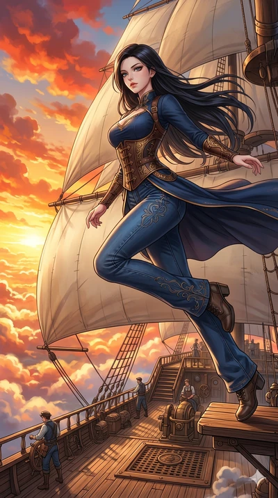 score_9, masterpiece, best quality, ultra-detailed, Set C: High-budget Anime Keyframe, Korean woman. Low angle cowboy shot filling the entire 9:16 frame with her statuesque presence. Leaping across the sails of a giant airship in the clouds. She has 