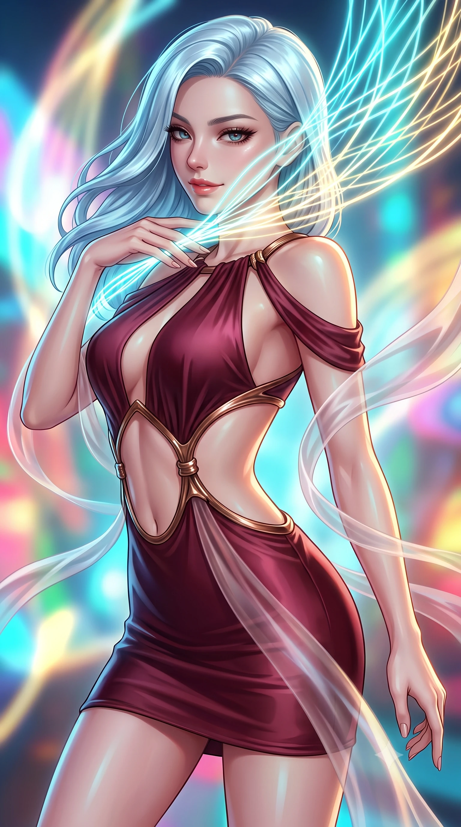 score_9, masterpiece, best quality, ultra-detailed, high-budget anime keyframe, editorial fashion photography, tasteful artistic composition, Korean woman. close-up cowboy shot from the waist and thighs up, the character dominates the composition, filling the frame with her large presence, background elements kept in soft focus. Glancing sidelong over her shoulder with a smoldering half-smile and heavy lashes touching a cluster of luminescent filament threads casting brilliant lattice beams, translucent silk ribbons swirling around her body like light streams. She has an exceptionally elegant, slender, and willowy female figure with an ultra-slim waist, a gracefully sculpted slender torso, and a refined silhouette. sharp v-shaped jawline, high-bridge nose, intricate jewel-like eyes with depth, thick eyelashes, glossy lips with a natural sheen. wearing a dramatic open-waist cutout mini dress framed by sculptural hardware in deep burgundy and bronze, crafted from smooth liquid silk, accented with a Tasteful chest slit framing her clavicle gracefully, the elegant draped fit framing her graceful clavicle and slender torso. illuminated by the brilliant glow of cyan and gold luminescent threads. highly saturated vibrant anime colors, detailed shading with soft gradients, rich glossy textures, high-contrast stereoscopic depth, volumetric dynamic lighting, master piece, 9:16 ratio