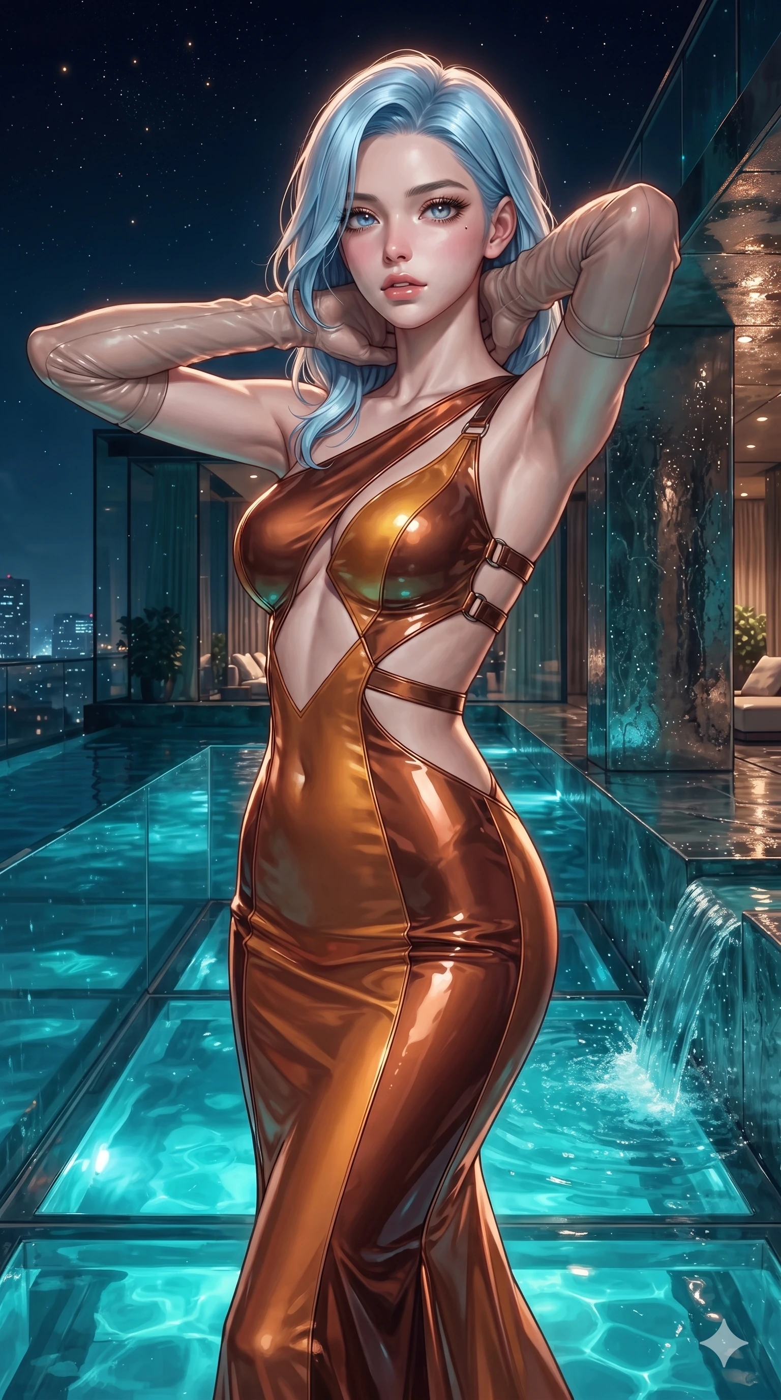 score_9, masterpiece, best quality, ultra-detailed, high-budget anime keyframe, editorial fashion photography, tasteful artistic composition, Korean woman. close-up cowboy shot from the waist and thighs up, the character dominates the composition, filling the frame with her large presence. resting both hands lightly behind her neck with elbows raised, arching her spine to highlight her narrow waist, flat midriff, and breathtaking collarbones while standing poised at the outer edge of the transparent glass pool, arching her lower back with sovereign supermodel grace as water spills into the night air. The surrounding environment is rendered in vivid detail and crisp panoramic clarity: detailed mermaid gown tailoring, open-back leather harness straps, and monumental aquatic architecture in razor-sharp clarity. She has an exceptionally elegant, slender, and willowy female figure with an ultra-slim waist, flat toned midriff, narrow ribcage, and sculpted feminine hips creating an alluring, slim hourglass silhouette without bulk. sharp v-shaped jawline, high-bridge nose, intricate jewel-like sparkling eyes with depth, thick eyelashes, glossy parted lips with a natural sheen, intensely captivating and seductive bedroom-eyes expression, exuding both youthful cute charm and sovereign luxury allure, flawlessly proportioned anatomical accuracy, strict slender model proportions, natural body alignment, perfectly sculpted long slender limbs, ultra-slim waistline, clean dynamic posture without body distortion. wearing a sculptured liquid-satin mermaid gown with an architectural open-waist cutout and bare spine in rich copper bronze and warm amber, tailored from high-gloss patent leather with mirror-like specular highlights, complemented by sheer opera-length evening gloves tracing her slender arms, the precision-cut side openings and low-back scoop framing her graceful spine and the sensual sweep of her slim, toned hips. bathed in the vibrant underwater turquoise illumination filtering through the glass floor mixed with warm overhead starlight. ultra-reflective glossy finish, specular highlights, rich textural contrasts, high-contrast stereoscopic depth, volumetric dynamic lighting, 2k, ultra detail, master piece, 9:16 ratio