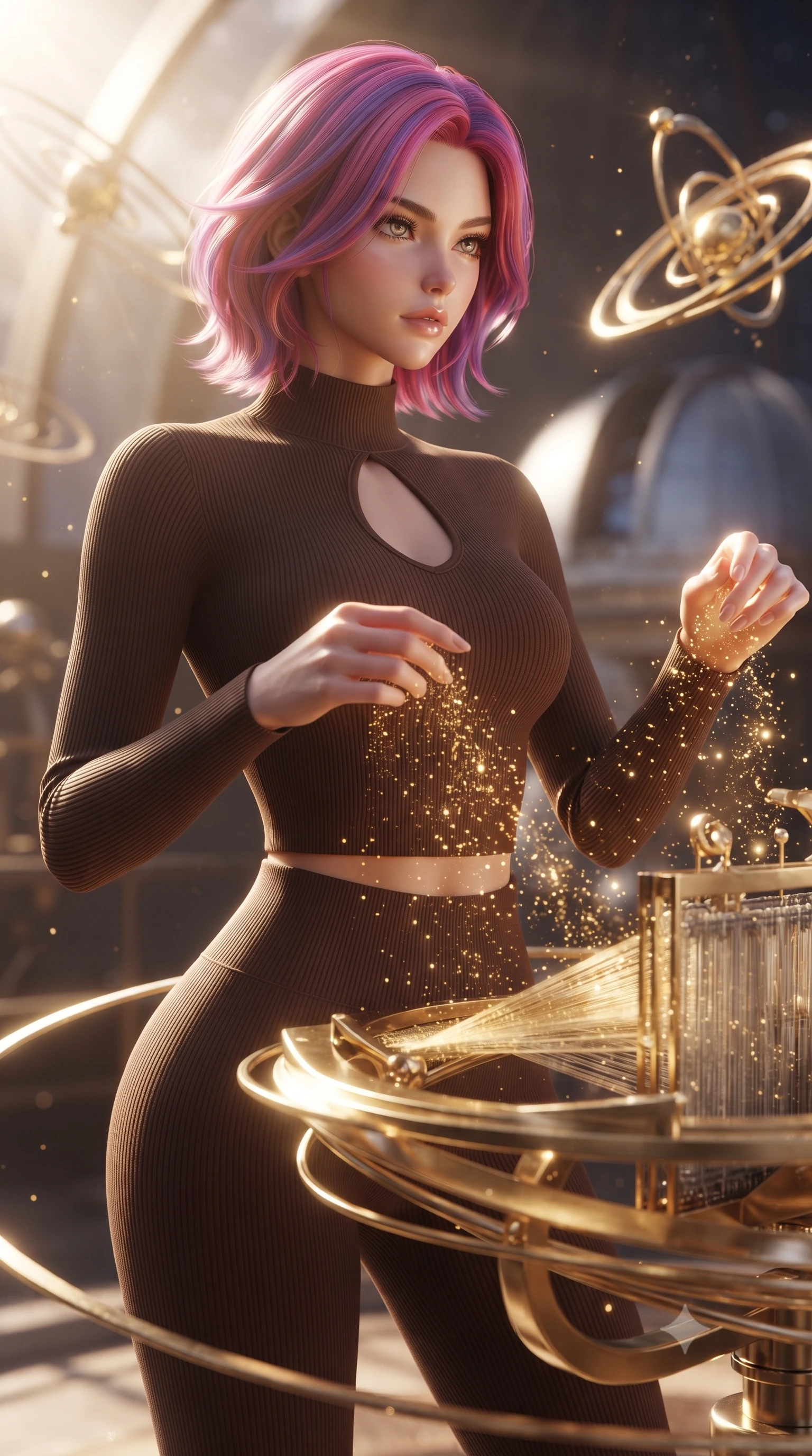 score_9, masterpiece, best quality, ultra-detailed, high-budget anime keyframe, editorial fashion photography, tasteful artistic composition, Caucasian woman. close-up cowboy shot from the waist and thighs up, the character dominates the composition, filling the frame with her large presence, background elements kept in soft focus. Gazing past the camera with an air of effortless elegance and mysterious confidence threading brilliant comet dust through a golden celestial loom, starlight particles falling like a golden shower around her. She has an exceptionally elegant, slender, and willowy female figure with an ultra-slim waist, a gracefully sculpted slender torso, and a refined silhouette. sharp v-shaped jawline, high-bridge nose, intricate jewel-like eyes with depth, thick eyelashes, glossy lips with a natural sheen. wearing a form-fitting ribbed activewear set in espresso brown with elegant collar cutouts, the form-contouring material highlighting her ultra-slim waist and long lines. bathed in warm sunbursts filtering through floating orbital rings. ultra-reflective glossy finish, specular highlights, metallic sheen, high-contrast stereoscopic depth, volumetric dynamic lighting, 2k, ultra detail, master piece, 9:16 ratio