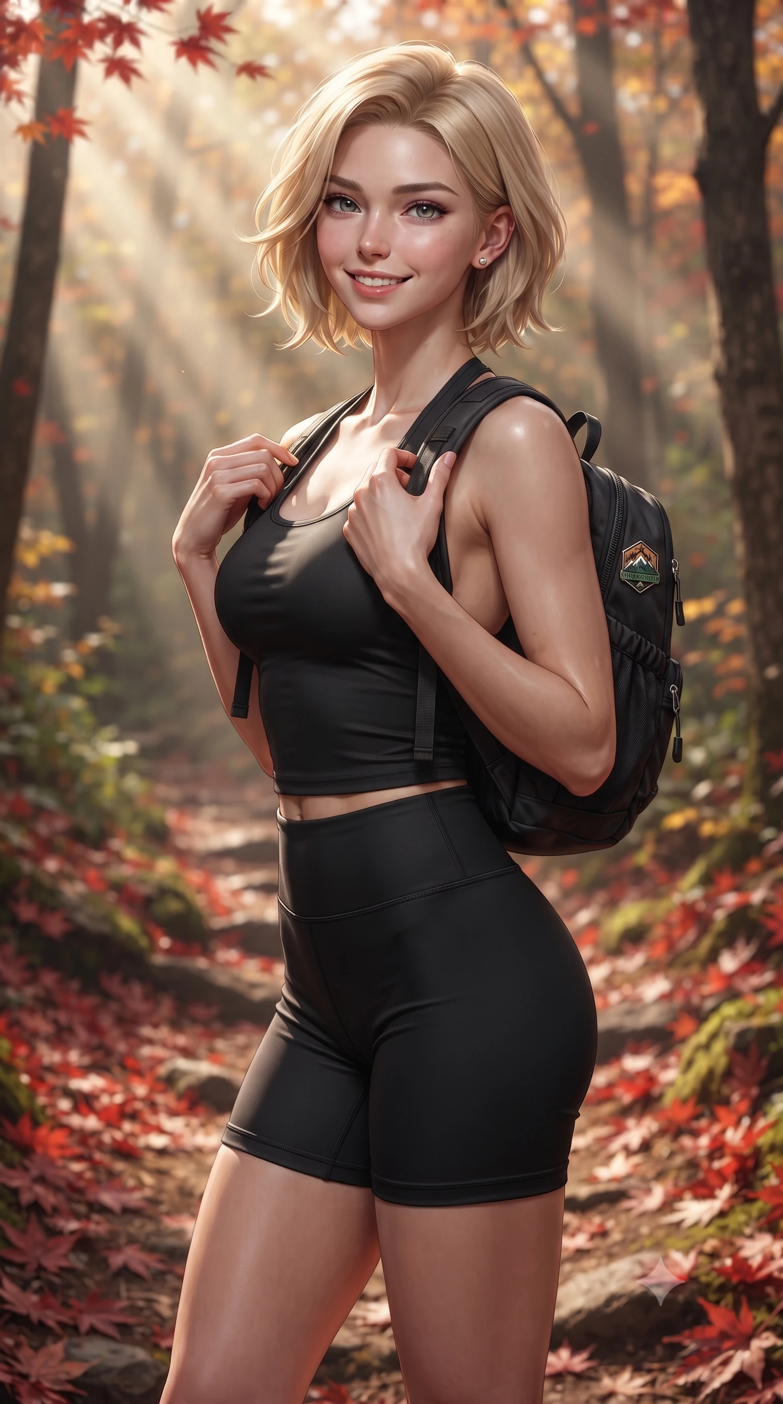score_9, masterpiece, best quality, ultra-detailed, high-budget anime keyframe, editorial fashion photography, tasteful artistic composition, Caucasian woman. close-up cowboy shot from the waist and thighs up, the character dominates the composition, filling the frame with her large presence, background elements kept in soft focus. smiling with cute and bright self-assurance, looking directly at the viewer set against a soft-focus background of walking through an autumn mountain path covered in red maple leaves carrying a small sporty backpack with a cute hiking badge. She has an exceptionally elegant, slender, and willowy female figure with an ultra-slim waist, a gracefully sculpted slender torso, and a refined silhouette. sharp v-shaped jawline, high-bridge nose, intricate jewel-like eyes with depth, thick eyelashes, glossy lips with a natural sheen. wearing tailored backless activewear halter top in black, paired with sporty shorts. volumetric sunbeams slicing through the forest trees, creating light rays. ultra-reflective glossy finish, specular highlights, metallic sheen, high-contrast stereoscopic depth, volumetric dynamic lighting, 2k, ultra detail, master piece, 9:16 ratio