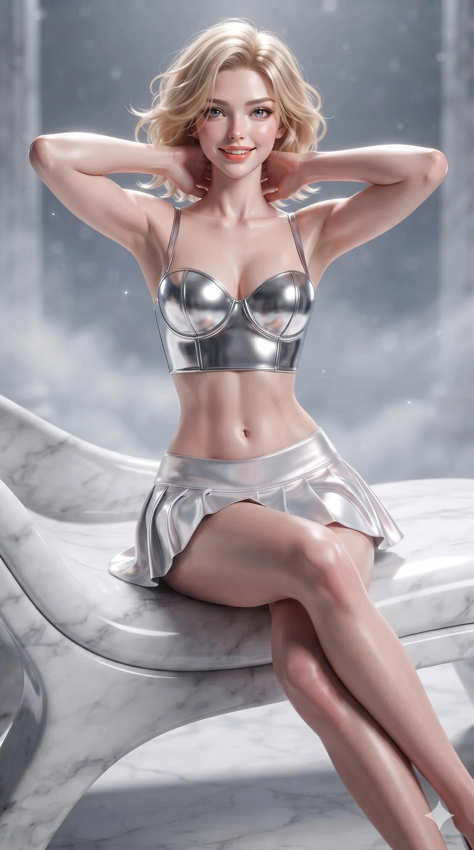 score_9, masterpiece, best quality, ultra-detailed, high-budget anime keyframe, editorial fashion photography, tasteful artistic composition, Caucasian woman. close-up cowboy shot from the waist and thighs up, the character dominates the composition, filling the frame with her large presence. resting both hands lightly behind her neck with elbows raised, arching her spine to highlight her narrow waist, flat midriff, and breathtaking collarbones while sitting gracefully on the sculptural marble chaise with legs crossed, flashing an enchanting smile with parted glossy lips as starlight drapes across her. The background shows a soft-focus faint stardust mist softened in celestial sky-chamber sanctuary shallow focus. She has an exceptionally elegant, slender, and willowy female figure with an ultra-slim waist, flat toned midriff, narrow ribcage, and sculpted feminine hips creating an alluring, slim hourglass silhouette without bulk. sharp v-shaped jawline, high-bridge nose, intricate jewel-like sparkling eyes with depth, thick eyelashes, glossy parted lips with a natural peach sheen, bright cheerful beaming smile with an enchanting and coquettish sensual glint, exuding both youthful cute charm and seductive allure, flawlessly proportioned anatomical accuracy, strict slender model proportions, natural body alignment, perfectly sculpted long slender limbs, ultra-slim waistline, clean dynamic posture without body distortion. wearing a chrome-plated structured underwire bustier top paired with an ultra-short low-rise pleated micro mini skirt in iridescent mother-of-pearl and liquid molten silver, crafted from fluid liquid silk satin that clings smoothly to her narrow waist and rounded hips with a dewy sheen, finished with sleek magnetic buckle closures fluttering in the breeze, the bespoke structured tailoring following the natural line of her 8.5-heads silhouette with refined elegance. illuminated by white marble floor bounce and sharp diamond-platinum rim lights defining her razor-sharp jawline, narrow waist, and curvy hips. ultra-reflective glossy finish, specular highlights, rich textural contrasts, high-contrast stereoscopic depth, volumetric dynamic lighting, 2k, ultra detail, master piece, 9:16 ratio