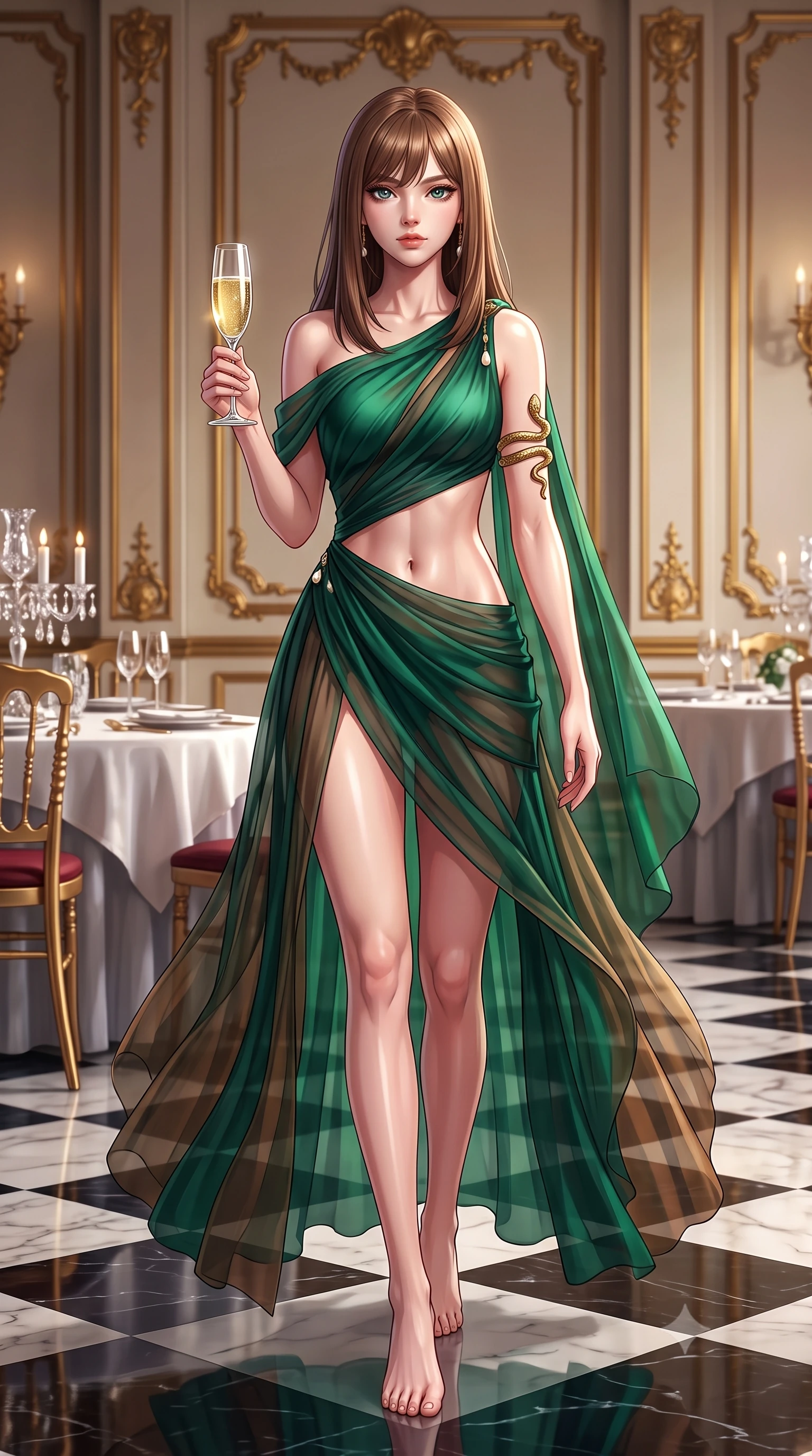 score_9, masterpiece, best quality, ultra-detailed, high-budget anime keyframe, semi-realistic 3D game render, editorial fashion photography, tasteful artistic composition, Korean woman. low angle full-body shot from head to toe showing her feet, filling the entire 9:16 vertical frame with her statuesque presence, stretching her vertical silhouette. stepping forward gracefully in mid-motion, displaying her toned flat midriff and flawlessly sculpted slender limbs while holding a crystal flute of sparkling champagne with delicate poise, her jewel-like eyes locked onto the viewer. The surrounding environment is rendered in vivid detail and crisp panoramic clarity. sharp checkerboard marble floor reflections, ornate gold wall molding, and crystal table settings in deep focus. She has an absolutely perfect, statuesque 8.5-heads proportion, an exceptionally tall and slender model-like female figure with impossibly long slender legs, a toned flat midriff, and an ultra-slim waist. sharp v-shaped jawline, high-bridge nose, intricate jewel-like eyes with depth, thick eyelashes, glossy lips with a natural sheen, captivating and magnetic expression, flawlessly proportioned anatomical accuracy, strict slender model proportions, natural body alignment, perfectly sculpted long slender limbs, ultra-slim waistline, clean dynamic posture without body distortion. wearing an ethereal emerald-green silk chiffon gown with an asymmetric shoulder drape and sheer layered skirt in deep emerald green and bronze, woven from airy multi-layered silk chiffon with a weightless drape, accented with a sculptured gold serpent armlet and pearl drops, the sleek tailored cut tightly hugging her graceful clavicle, narrow waist, and feminine curves with statuesque precision. illuminated by crisp specular highlights tracing her sculpted flat midriff, collarbones, and long legs. highly saturated vibrant anime colors, detailed shading with soft gradients, rich glossy textures, high-contrast stereoscopic depth, volumetric dynamic lighting, master piece, 9:16 ratio