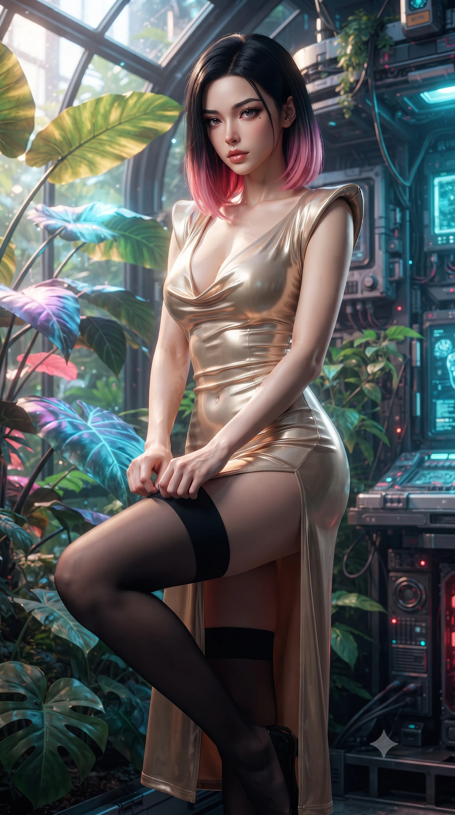 score_9, masterpiece, best quality, ultra-detailed, High-budget Anime Keyframe, editorial fashion photography, tasteful artistic composition, realistic cosplay photography, East Asian woman. Dynamic full-body shot stretching the vertical silhouette to the limit. Scenario 400: adjusting her thigh-high stocking near a cybernetic greenhouse filled with giant glowing tropical leaves. Her presence is magnetic and overpowering in this high-budget cinematic scene. Outfit 400: a slim-fit champagne gold bodycon knit slip dress featuring a high-slit skirt and structured shoulders. The clothing is designed to emphasize her exceptionally tall and slender 8-heads proportion. 8-heads proportion, towering silhouette, ultra-slim waist. sharp v-shaped jawline, intricate jewel-like eyes with depth, thick eyelashes, glossy lips. ultra-reflective glossy finish, specular highlights, metallic sheen, high-contrast stereoscopic depth, volumetric dynamic lighting, 2k, ultra detail, master piece, 9:16 ratio