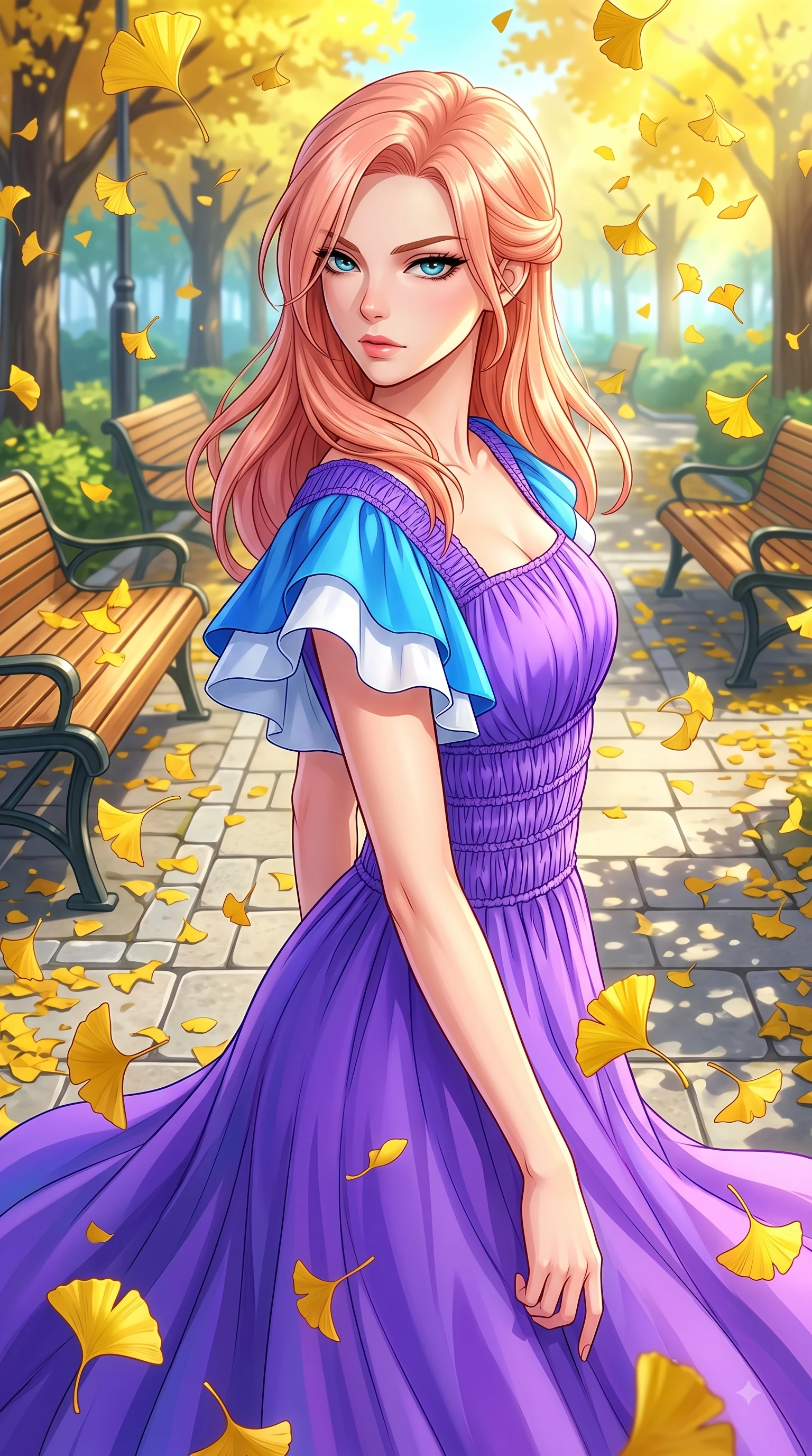 score_9, masterpiece, best quality, ultra-detailed, high-budget anime keyframe, editorial fashion photography, tasteful artistic composition, Japanese woman. close-up cowboy shot from the waist and thighs up, the character dominates the composition, filling the frame with her large presence. Statuesque haughty posture with a cool, sharp glance and composed high-fashion elegance while pivoting gracefully as golden ginkgo leaves flutter down like gold rain around her. The surrounding environment is rendered in vivid detail and crisp panoramic clarity. intricate leaf vein textures, classic wooden park benches, and stone park paths in sharp resolution. She has an exceptionally elegant, slender, and willowy female figure with an ultra-slim waist, a gracefully sculpted slender torso, and a refined silhouette. sharp v-shaped jawline, high-bridge nose, intricate jewel-like eyes with depth, thick eyelashes, glossy lips with a natural sheen, flawlessly proportioned anatomical accuracy, natural body alignment, perfectly sculpted elegant limbs, clean dynamic posture without body distortion. wearing a vivid violet chiffon gown with delicate smocked details and flutter sleeves in electric azure blue and cloud white, tailored from crisp high-density cotton poplin, featuring elegant flutter sleeves and a graceful square neckline, the sleek second-skin fit accentuating her magnetic presence. illuminated by bright glowing yellow ambient light and clear sky refractions. highly saturated vibrant anime colors, detailed shading with soft gradients, rich glossy textures, high-contrast stereoscopic depth, volumetric dynamic lighting, master piece, 9:16 ratio