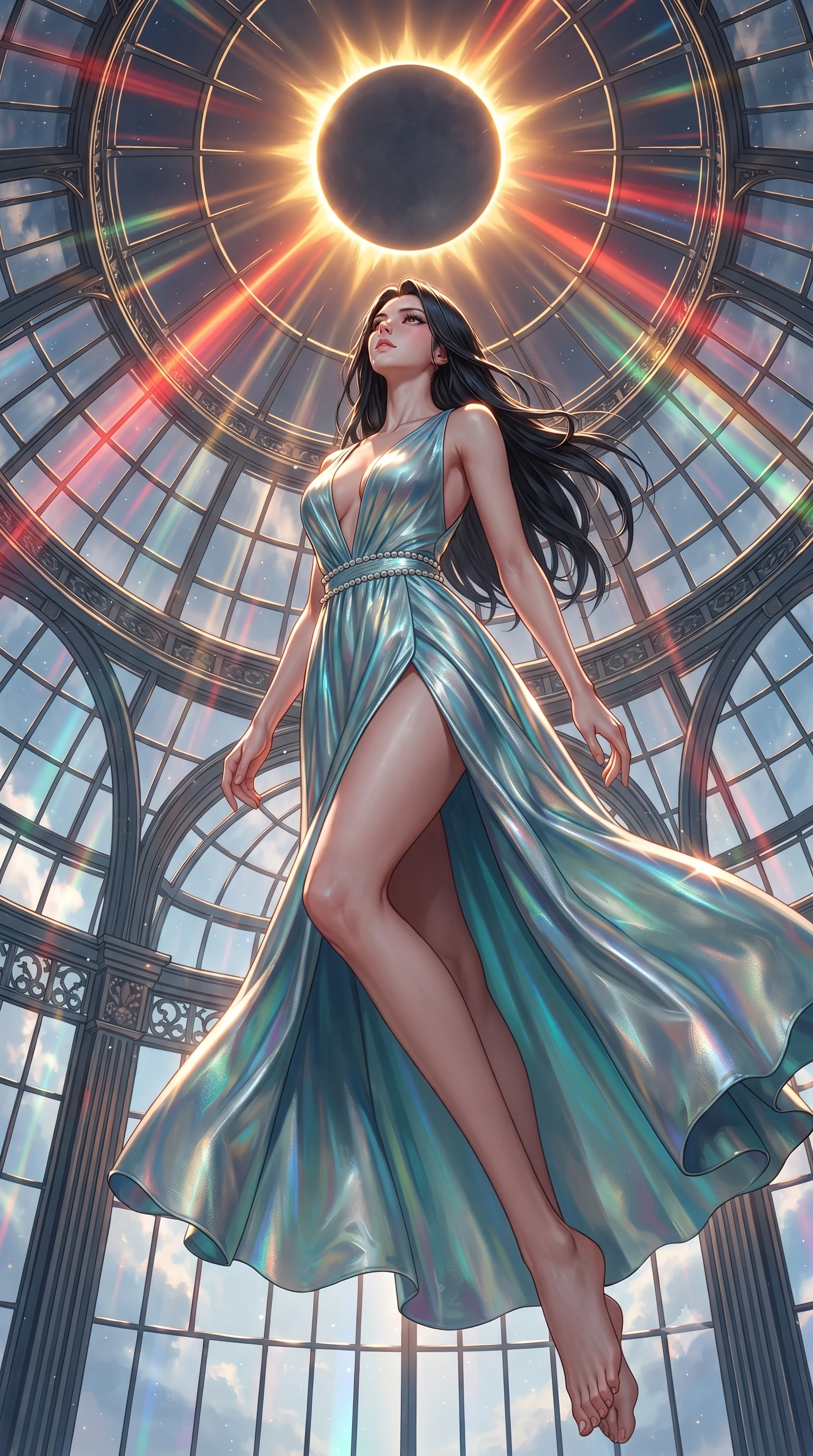 score_9, masterpiece, best quality, ultra-detailed, high-budget anime keyframe, editorial fashion photography, tasteful artistic composition, Korean woman. low angle full-body shot from head to toe showing her feet, filling the entire 9:16 vertical frame with her statuesque presence, stretching her vertical silhouette. leaping dynamically through the luminous sky, her posture full of power and elegance, inside a dome solarium looking up at a total solar eclipse with a glowing golden corona, the brilliant golden corona of a solar eclipse casting sharp dramatic key rays. She has an absolutely perfect, statuesque 8.5-heads proportion, an exceptionally tall and slender model-like female figure with impossibly long slender legs and an ultra-slim waist. sharp v-shaped jawline, high-bridge nose, intricate jewel-like eyes with depth, thick eyelashes, glossy lips with a natural sheen. wearing deep plunging V-neckline champagne silk gown with daring high thigh slit in metallic silver, made of iridescent turquoise taffeta, adorned with minimalist pearl hardware framing the waistline, highlighting her statuesque proportions and ultra-slim waistline. lit by intense solar key light piercing through glass panes. ultra-reflective glossy finish, specular highlights, metallic sheen, high-contrast stereoscopic depth, volumetric dynamic lighting, 2k, ultra detail, master piece, 9:16 ratio