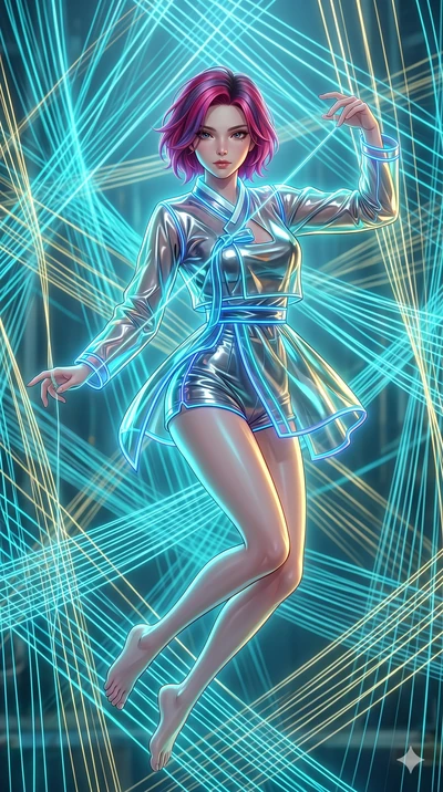 score_9, masterpiece, best quality, ultra-detailed, high-budget anime keyframe, Japanese woman. upper body close-up from the thighs up, character filling the screen for maximum presence. floating suspended in an ethereal loom room where millions of l