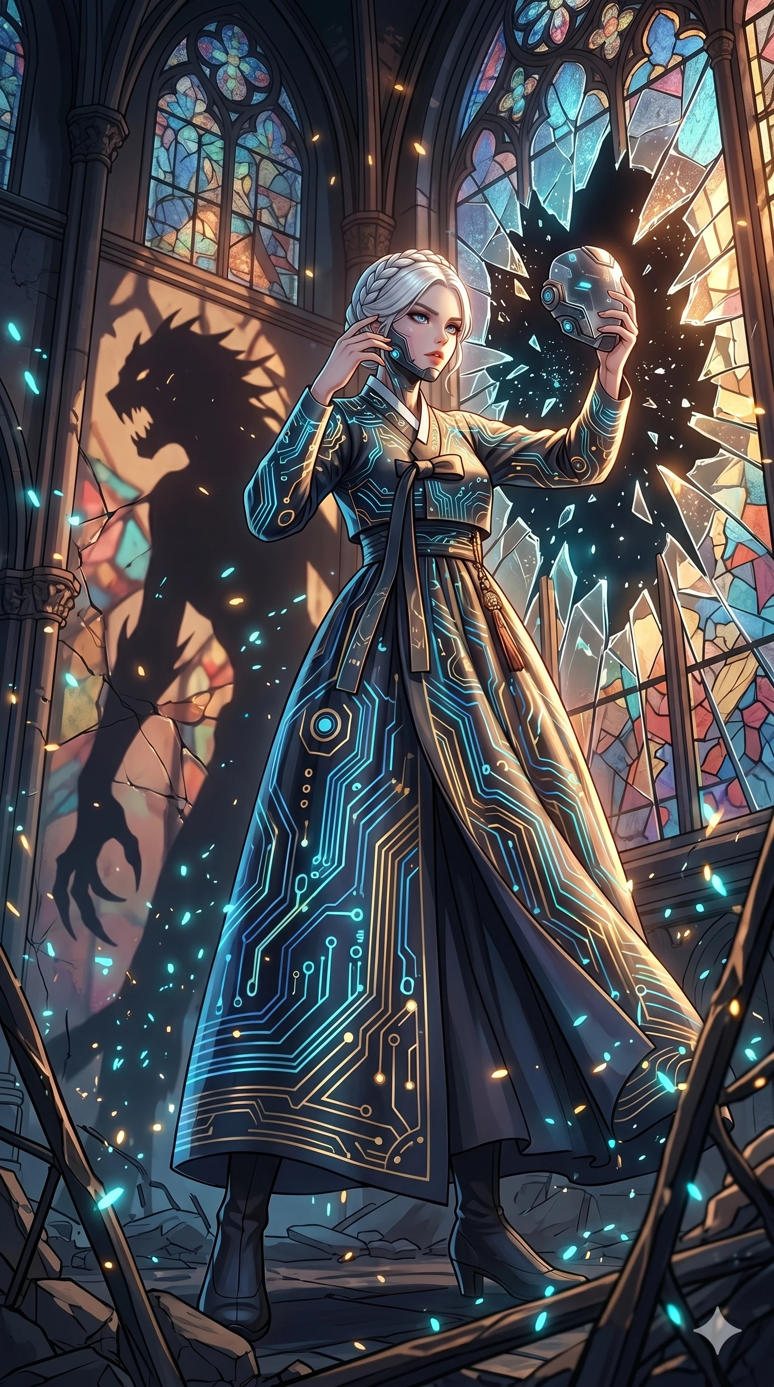 score_9, masterpiece, best quality, ultra-detailed, Set A: High-budget Anime Keyframe, Korean woman. Low angle cowboy shot filling the entire 9:16 frame with her statuesque presence. Adjusting a mask through a shattered glass cathedral, while her shadow mimics the movements of a predator 225 and surrounded by glowing energy sparks. She has an absolutely perfect 8-heads proportion, an exceptionally tall and slender female figure with impossibly long slender legs and an ultra-slim waist. Sharp v-shaped jawline, high-bridge nose, intricate jewel-like eyes with depth, thick eyelashes, glossy lips with a natural sheen. Wearing Traditional silk robe with a modern tech-twist, featuring glowing circuit patterns. Cinematic lighting, vibrant colors, dramatic shadows, 2k, ultra detail, master piece, 9:16 ratio
