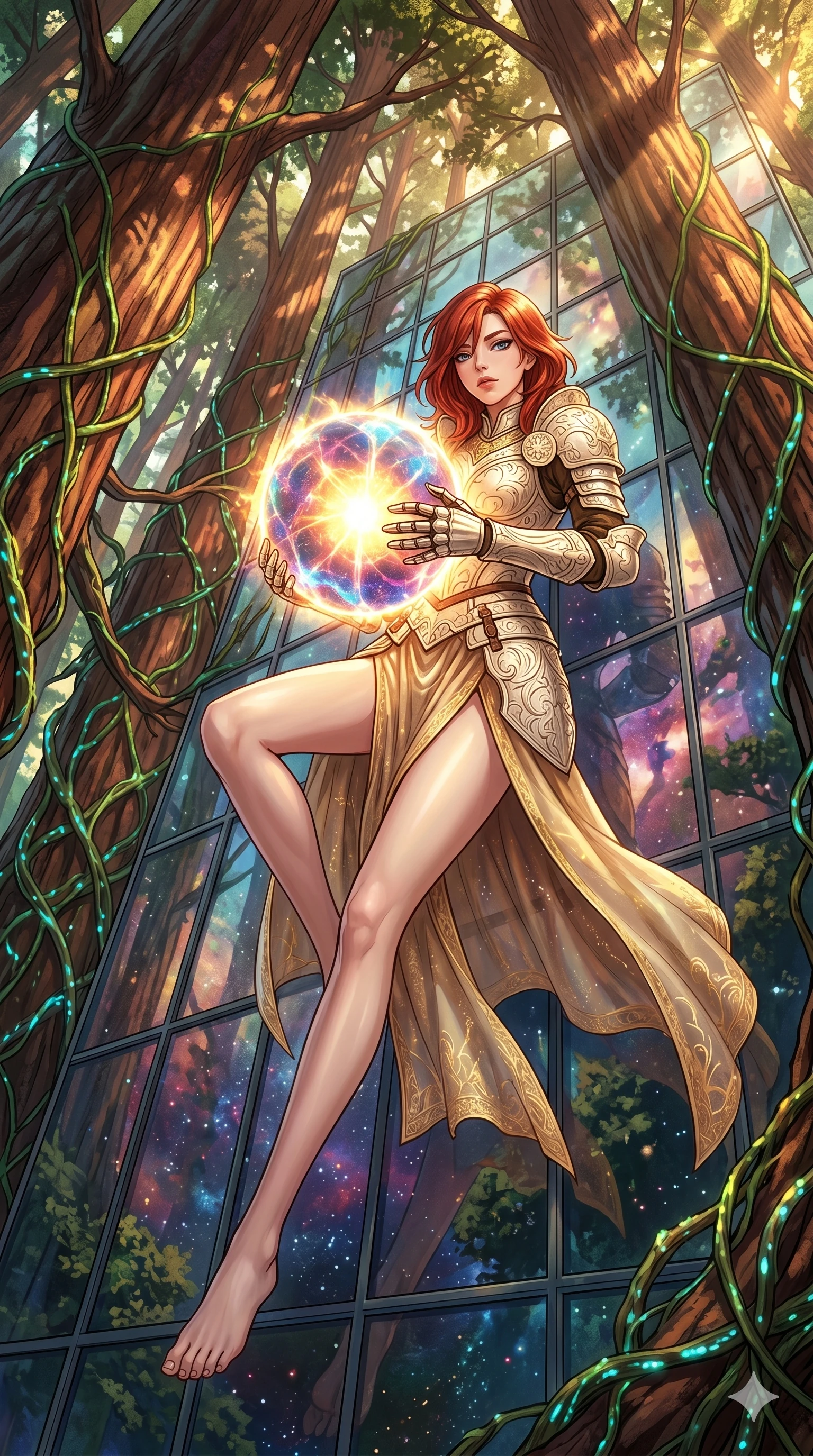 score_9, masterpiece, best quality, ultra-detailed, Set A: High-budget Anime Keyframe, Japanese woman. Low angle cowboy shot filling the entire 9:16 frame with her statuesque presence. Theme: Abstract Cosmic. sliding down a glass skyscraper in a giant redwood forest with glowing vines, holding a glowing core that hums with the power of 252 suns. The atmosphere is filled with cinematic sunlight through leaves. She has an absolutely perfect 8-heads proportion, an exceptionally tall and slender female figure with impossibly long slender legs and an ultra-slim waist. Sharp v-shaped jawline, high-bridge nose, intricate jewel-like eyes with depth, glossy lips. Wearing Ornate ivory-carved plate armor over a sheer gold-thread silk gown. Cinematic lighting, vivid colors, dramatic shadows, 2k, ultra detail, master piece, 9:16 ratio