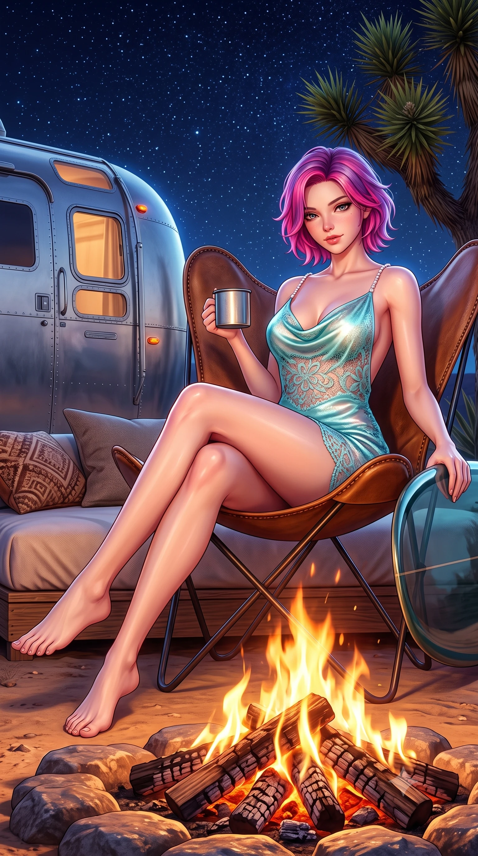 score_9, masterpiece, best quality, ultra-detailed, high-budget anime keyframe, semi-realistic 3D game render, editorial fashion photography, tasteful artistic composition, Caucasian woman. low angle full-body shot from head to toe showing her feet, filling the entire 9:16 vertical frame with her statuesque presence, stretching her vertical silhouette. lounging on the lavish daybed with legs crossed and hips angled toward the camera, displaying her toned midriff and long slender limbs with effortless siren poise while lounging in a vintage butterfly leather chair by the fire, holding a tin mug with effortless coquettish charm and bedroom-eyes. The surrounding environment is rendered in vivid detail and crisp panoramic clarity: sharp crackling mesquite wood coals, aluminum trailer rivet seams, and spiky Joshua tree leaves in deep focus. She has an absolutely perfect, statuesque 8.5-heads proportion, an exceptionally tall and slender model-like female figure with impossibly long slender legs, an ultra-slim waist, a flat toned midriff, narrow delicate ribcage, and beautifully sculpted feminine hips creating a graceful, slim hourglass silhouette without any bulky heaviness. sharp v-shaped jawline, high-bridge nose, sparkling eyes with hypnotic seductive depth, thick curled eyelashes, glossy parted lips with a natural dewy peach sheen, alluring bedroom-eyes with an enchanting coquettish smile, exuding magnetic siren charisma and sophisticated glamour, flawlessly proportioned anatomical accuracy, strict slender model proportions, natural body alignment, perfectly sculpted long slender limbs, ultra-slim waistline, clean dynamic posture without body distortion. wearing a slinky backless cowl-neck silk satin beach slip mini dress with dainty pearl spaghetti straps in shimmering turquoise aqua and pure pearl alabaster, made of delicate semi-sheer crochet lace with intricate openwork floral knit, accented with a custom high-gloss tinted surfboard held lightly with one hand, the precision-cut side openings and low-back scoop framing her graceful spine and the sensual sweep of her slim, toned hips. bathed in the flickering warm orange glow of the campfire combined with cool celestial starlight fill. highly saturated vibrant anime colors, detailed shading with soft gradients, rich glossy textures, high-contrast stereoscopic depth, volumetric dynamic lighting, master piece, 9:16 ratio