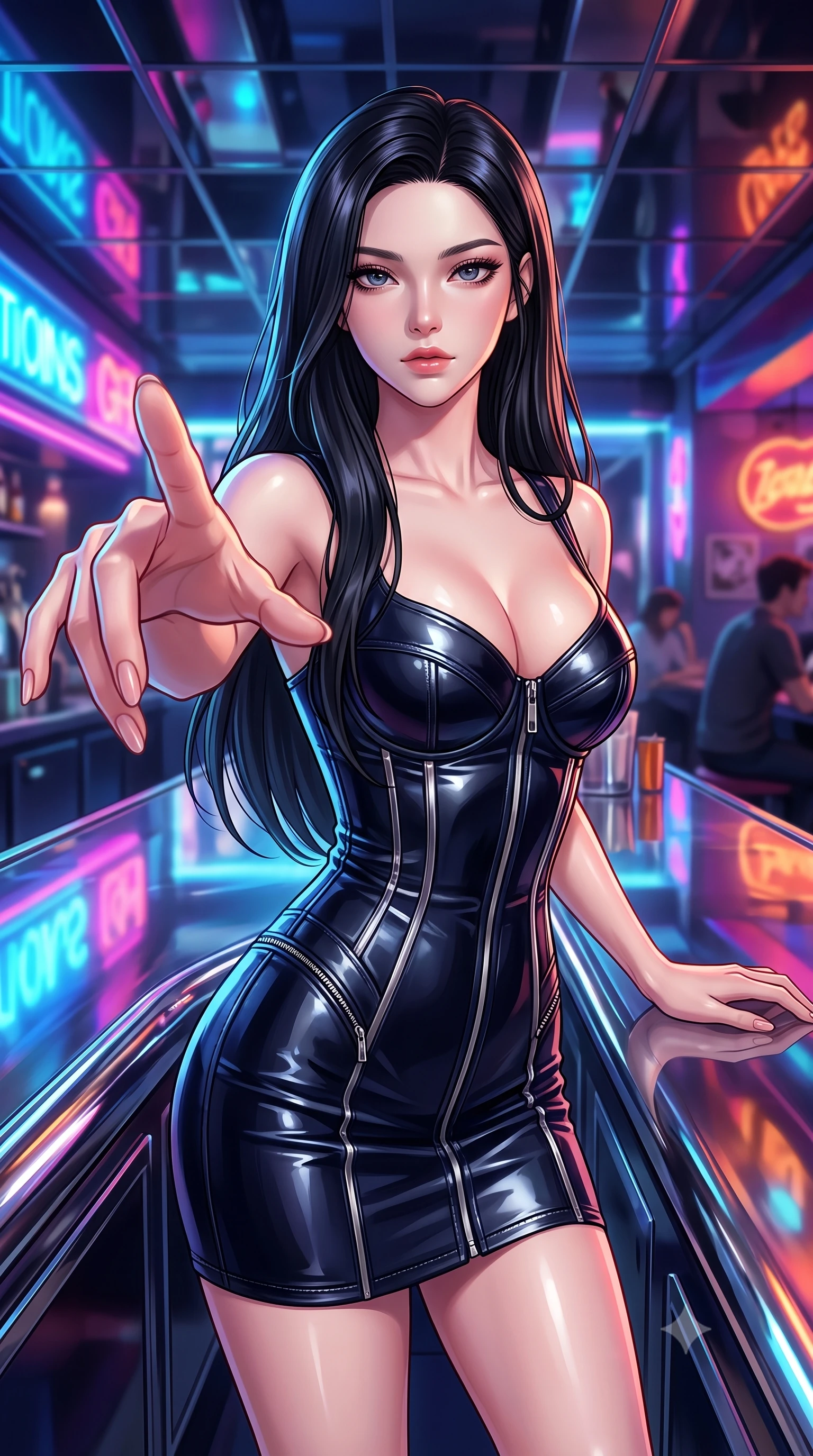 score_9, masterpiece, best quality, ultra-detailed, high-budget anime keyframe, editorial fashion photography, tasteful artistic composition, Korean woman. close-up cowboy shot from the waist and thighs up, the character dominates the composition, filling the frame with her large presence, background elements kept in soft focus. Reaching one hand toward the viewer with relaxed sensual elegance, resting against a polished chrome bar counter reflecting neon neon reflections, high-contrast gloss and matte textures glinting under specular neon lights. She has an exceptionally elegant, slender, and willowy female figure with an ultra-slim waist, a gracefully sculpted slender torso, and a refined silhouette. sharp v-shaped jawline, high-bridge nose, intricate jewel-like eyes with depth, thick eyelashes, glossy lips with a natural sheen. wearing glove-like fit dark navy latex bodycon mini dress in pitch-black onyx, made of polished black leather, finished with metallic silver boning and sleek zipper points, following her slender form with tailored precision. bathed in high-contrast specular reflections from mirror ceilings. highly saturated vibrant anime colors, detailed shading with soft gradients, rich glossy textures, high-contrast stereoscopic depth, volumetric dynamic lighting, master piece, 9:16 ratio
