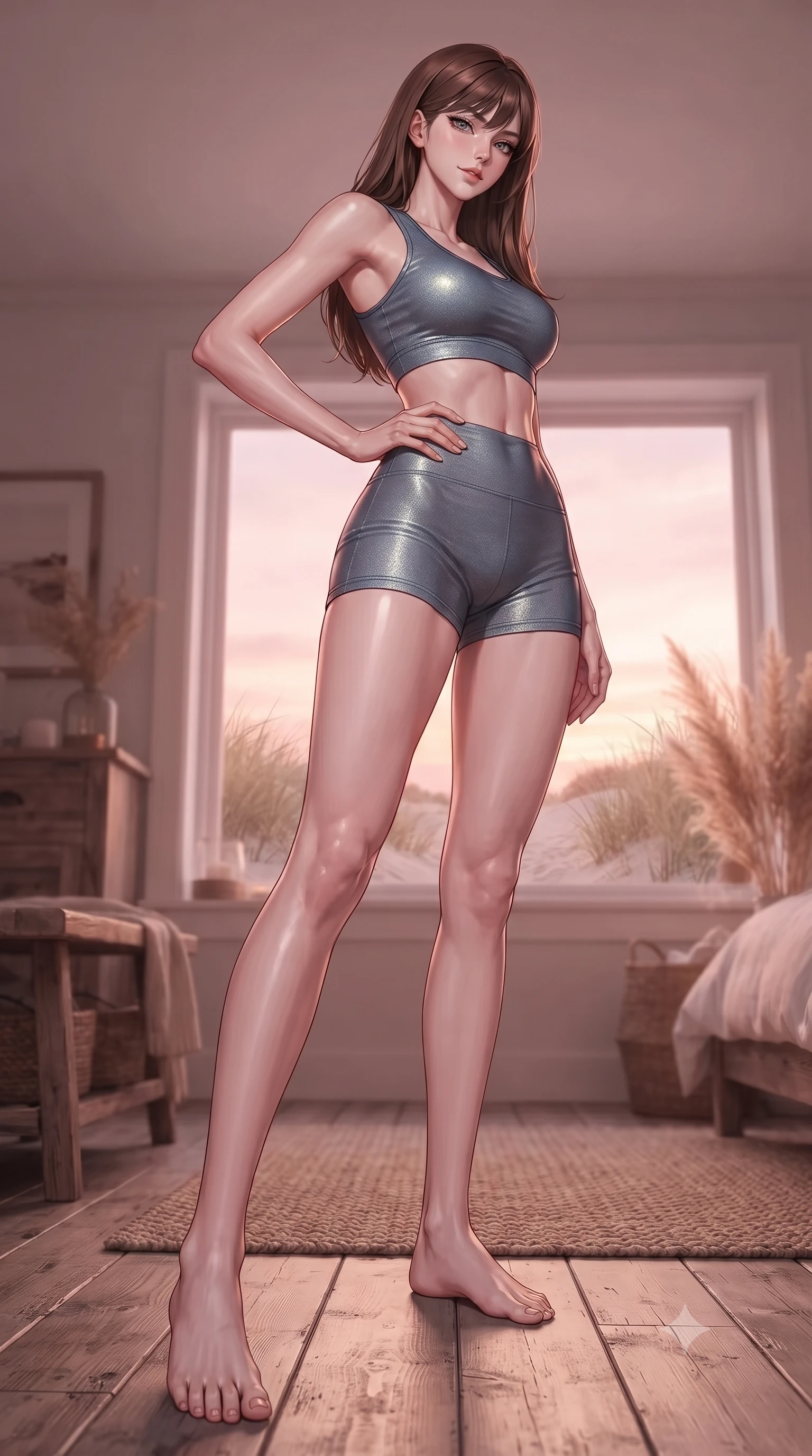 score_9, masterpiece, best quality, ultra-detailed, high-budget anime keyframe, editorial fashion photography, tasteful artistic composition, Korean woman woman. low angle full-body shot from head to toe showing her feet, filling the entire 9:16 vertical frame with her statuesque presence, stretching her vertical silhouette. posing confidently with one hand on her hip, stretching her statuesque body to emphasize her curves the background shows a soft-focus a cozy cottage bedroom surrounded by beachgrass, with a view of sand dunes. She has an absolutely perfect, statuesque 8.5-heads proportion, an exceptionally tall and slender model-like female figure with impossibly long slender legs and an ultra-slim waist. sharp v-shaped jawline, high-bridge nose, intricate jewel-like eyes with depth, thick eyelashes, glossy lips with a natural sheen. wearing a body-hugging body-hugging athletic crop top and high-waisted shorts set in slate grey. soft pink and amber sunset glow painting the room in a romantic wash. ultra-reflective glossy finish, specular highlights, metallic sheen, high-contrast stereoscopic depth, volumetric dynamic lighting, 2k, ultra detail, master piece, 9:16 ratio