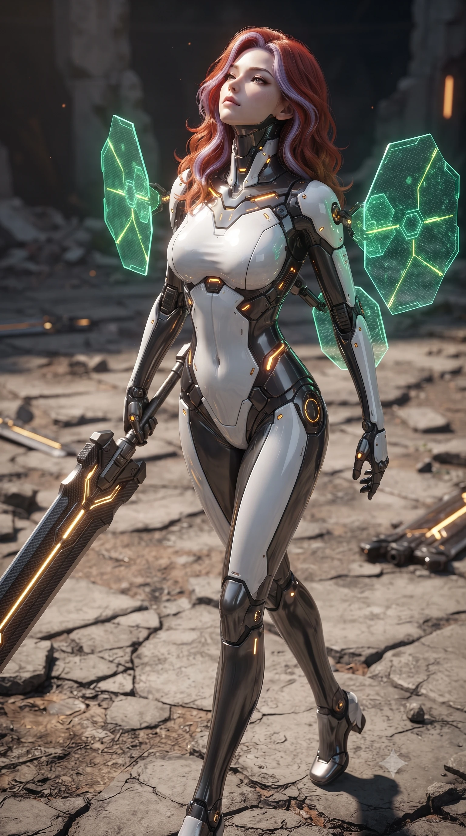 score_9, masterpiece, best quality, ultra-detailed, high-budget anime keyframe, editorial fashion photography, tasteful artistic composition, Caucasian woman. close-up cowboy shot from the waist and thighs up, the character dominates the composition, filling the frame with her large presence. tilting her head back with serene regal elegance, her sharp jawline and sculpted collarbones highlighted by glowing weapon energy reflections while striding forward across the ruined arena floor with greatsword held in one hand with effortless supermodel strength. The surrounding environment is rendered in vivid detail and crisp panoramic clarity. detailed carbon-composite sword fuller weave, glowing golden power conduits, and cracked arena stone in deep focus. She has an exceptionally elegant, slender, and willowy female figure with an ultra-slim waist, a gracefully sculpted slender torso, toned flat midriff, and a refined slim silhouette. sharp v-shaped jawline, high-bridge nose, intricate jewel-like eyes with depth, thick eyelashes, glossy lips with a natural sheen, flawlessly proportioned anatomical accuracy, strict slender model proportions, natural body alignment, perfectly sculpted long slender limbs, ultra-slim waistline, clean dynamic posture without body distortion. wearing a high-contrast monochrome white-and-black carbon-composite exoskeleton suit with glowing amber circuitry, deploying floating hexagonal holographic energy shields with sovereign grace in emerald green carbon composite with glowing lime laser channels, crafted from semi-translucent cybernetic carbon-vinyl interwoven with glowing micro-filaments, finished with high-mobility articulation joints and miniature magnetic armor locks, the form-contouring material adhering flawlessly to her sculpted flat midriff and slender torso, emphasizing her long leg lines and perfectly proportioned willowy build. illuminated by sharp specular highlights tracing her ultra-slim waist, long legs, and flat midriff. ultra-reflective glossy finish, specular highlights, dark metallic sheen, high-contrast stereoscopic depth, volumetric dynamic lighting, 2k, ultra detail, master piece, 9:16 ratio