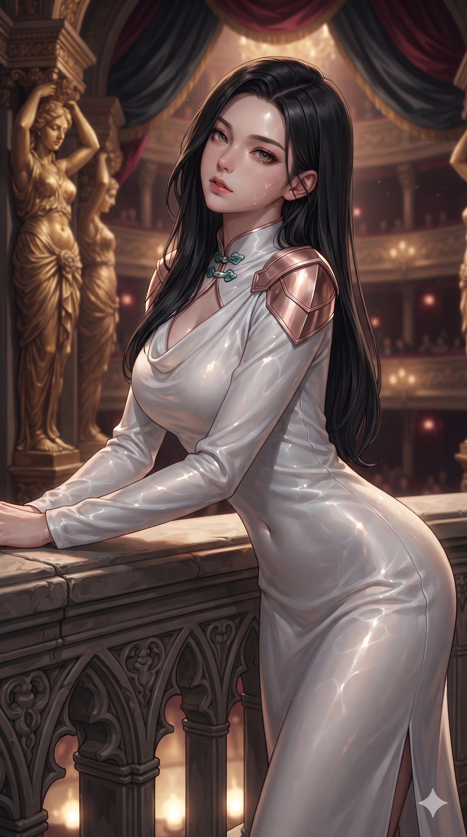 score_9, masterpiece, best quality, ultra-detailed, high-budget anime keyframe, editorial fashion photography, tasteful artistic composition, Korean woman. close-up cowboy shot from the waist and thighs up, the character dominates the composition, filling the frame with her large presence. leaning forward over the carved stone gothic balustrade, looking back with sleepy seductive bedroom-eyes as water reflections dance across her silhouette while sitting gracefully in the high-backed velvet royal chair with legs crossed, flashing an enchanting, dangerous smile with parted glossy lips. The background shows a soft-focus sculptural gilded female cariatid statues, sweeping velvet drapes, and glowing auditorium balconies blurred into gold, crimson, and charcoal bokeh. She has an exceptionally elegant, slender, and willowy female figure with an ultra-slim waist, flat toned midriff, narrow ribcage, and sculpted feminine hips creating an alluring, slim hourglass silhouette without bulk. sharp v-shaped jawline, high-bridge nose, intricate jewel-like sparkling eyes with depth, thick eyelashes, glossy parted lips with a natural sheen, intensely captivating and seductive bedroom-eyes expression, exuding both youthful cute charm and sovereign luxury allure, flawlessly proportioned anatomical accuracy, strict slender model proportions, natural body alignment, perfectly sculpted long slender limbs, ultra-slim waistline, clean dynamic posture without body distortion. wearing a refined long-sleeve cowl-neck silk georgette diplomatic gown with structured geometric shoulder plates in celestial porcelain white and rose-gold, crafted from bespoke double-faced cashmere with an exceptionally soft tactile finish, finished with sleek jade frog closures glinting along her high collar, the bespoke structured tailoring following the natural line of her 8.5-heads silhouette with refined elegance. bathed in the theatrical, dramatic contrast of golden stage footlights from below and dim ambient royal crimson lighting. ultra-reflective glossy finish, specular highlights, rich textural contrasts, high-contrast stereoscopic depth, volumetric dynamic lighting, 2k, ultra detail, master piece, 9:16 ratio