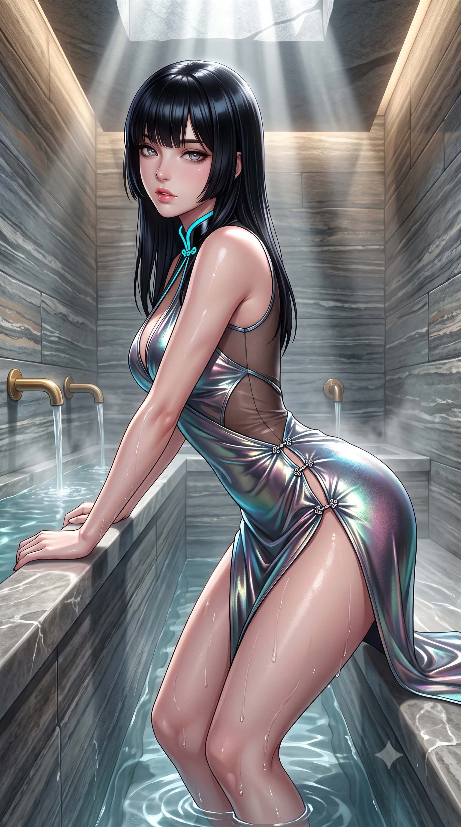 score_9, masterpiece, best quality, ultra-detailed, high-budget anime keyframe, semi-realistic 3D game render, editorial fashion photography, tasteful artistic composition, Caucasian woman. close-up cowboy shot from the waist and thighs up, the character dominates the composition, filling the frame with her large presence. leaning forward against the polished railing with her hips cocked back, creating an intoxicating curve from her narrow waist to sculpted hips as she gazes back into the lens while reclining on a submerged stone bench with mineral water tracing the sensual contour of her feminine hips, flat midriff, and long slender legs. The surrounding environment is rendered in vivid detail and crisp panoramic clarity. sharp layered Vals quartzite stone strata, water surface tension caustics, and brass thermal water spouts in deep focus. She has an exceptionally elegant, slender, and willowy female figure with an ultra-slim waist, flat toned midriff, narrow ribcage, and sculpted feminine hips creating an alluring, slim hourglass silhouette without bulk. sharp v-shaped jawline, high-bridge nose, intricate jewel-like eyes with depth, thick eyelashes, glossy parted lips with a natural sheen, intensely captivating and seductive bedroom-eyes expression, flawlessly proportioned anatomical accuracy, strict slender model proportions, natural body alignment, perfectly sculpted long slender limbs, ultra-slim waistline, clean dynamic posture without body distortion. wearing a wet-look silk fusion wrap dress with asymmetrical sheer mesh cutouts and high Mandarin collar in neon electric cyan and lacquer black, crafted from luxurious metallic lamé that shifts radiance with every step, finished with an ultra-high side slit secured by miniature jeweled clasps, the liquid-tight tailored fabric clinging flawlessly to her narrow waist and rounded feminine hips, emphasizing every millimeter of her sculpted slim hourglass curves without any bulky heaviness. bathed in dramatic narrow directional light beams cutting through ceiling fissures into the steaming stone chamber. highly saturated vibrant anime colors, detailed shading with soft gradients, rich glossy textures, high-contrast stereoscopic depth, volumetric dynamic lighting, master piece, 9:16 ratio