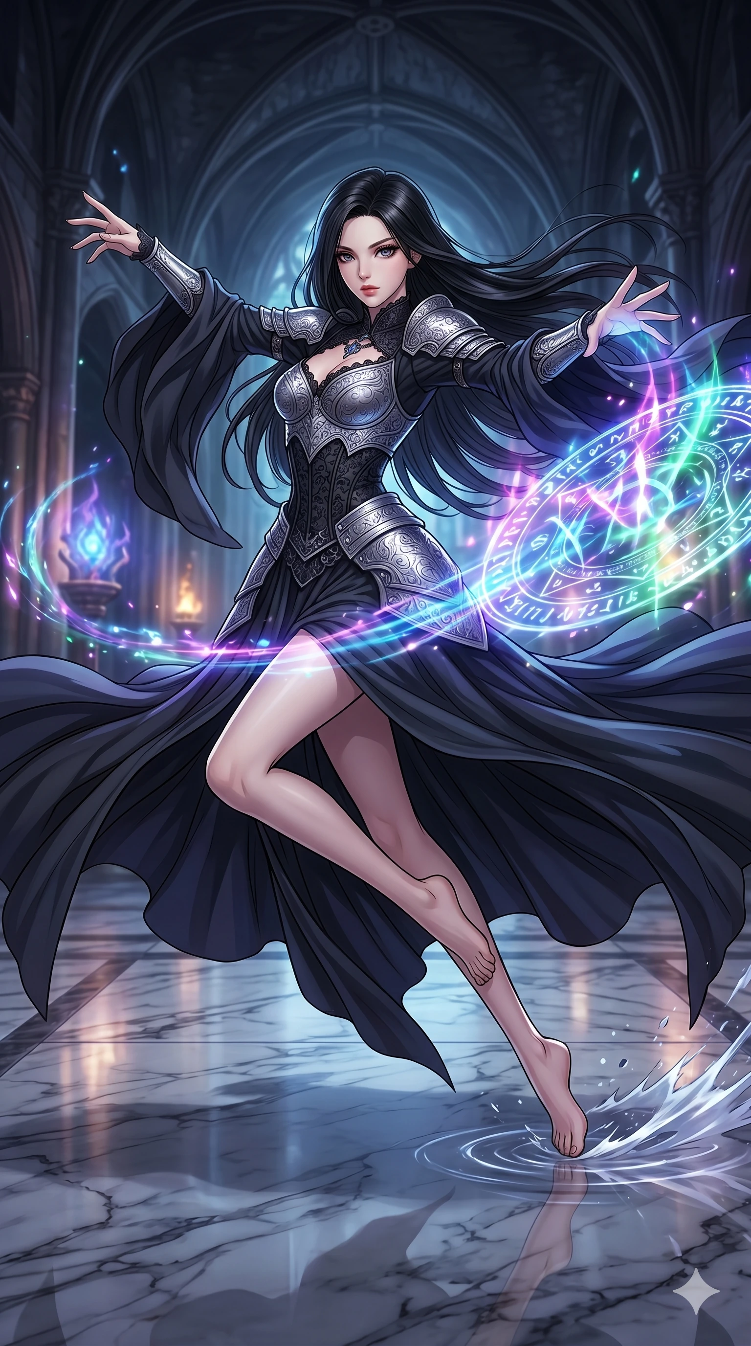 score_9, masterpiece, best quality, ultra-detailed, high-budget anime movie keyframe, cinematic anime lighting, intricate line art, Japanese anime girl. Mid-air action shot capturing a graceful twist and vertical silhouette. sliding across a polished marble floor while casting a spell. She has an absolutely perfect 8-heads proportion, an exceptionally tall and slender female figure with an ultra-slim waist and impossibly long slender legs. strictly human anatomy, two legs only, no extra limbs, clearly defined legs and arms, perfect anatomy, perfect hands and fingers. sharp v-shaped jawline, high-bridge nose, intricate jewel-like eyes, thick eyelashes, glossy lips. Wearing Dark Fantasy: Gothic lace corset gown, bell-sleeved sorceress robes, and engraved silver plate armor over silk. The scene is illuminated by dramatic atmospheric lighting and vibrant color palettes. , 2k, ultra detail, master piece, 9:16 ratio