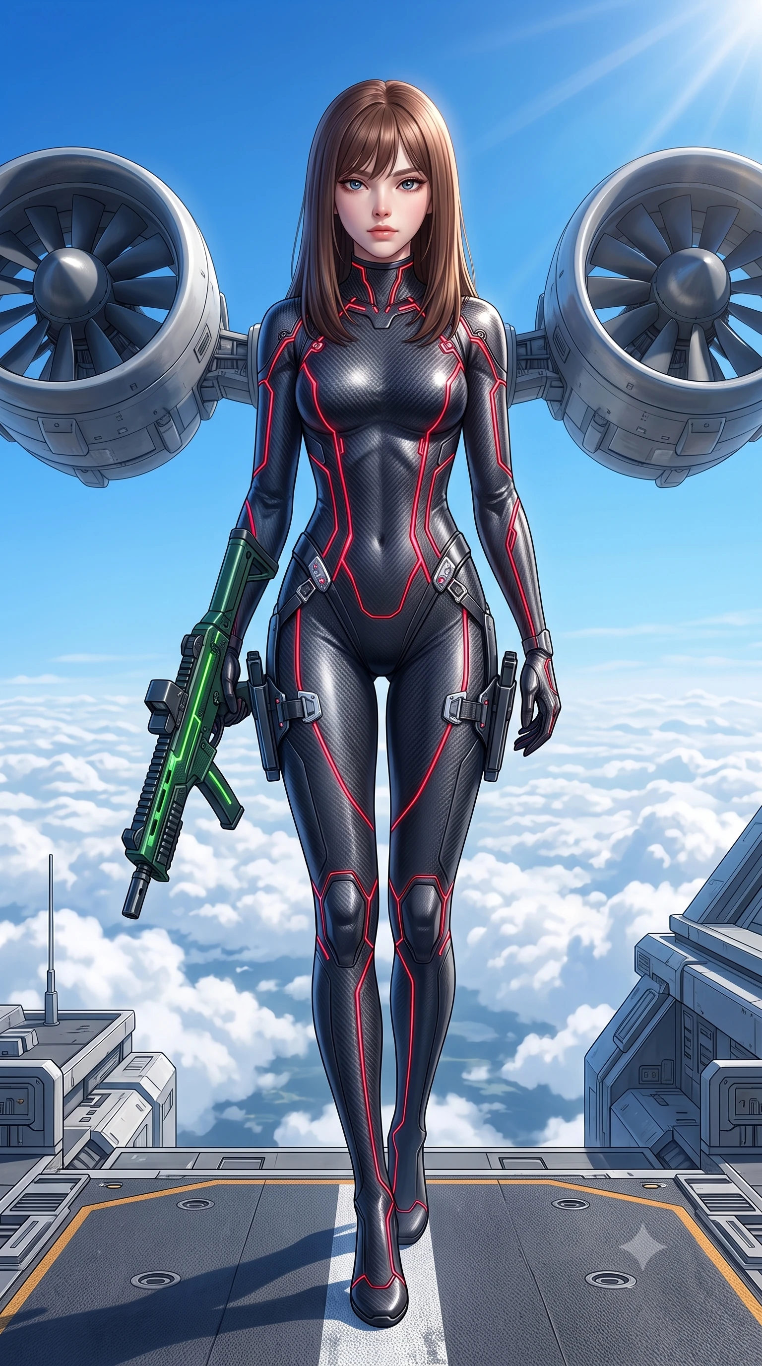 score_9, masterpiece, best quality, ultra-detailed, high-budget anime keyframe, semi-realistic 3D game render, editorial fashion photography, tasteful artistic composition, Korean woman. low angle full-body shot from head to toe showing her feet, filling the entire 9:16 vertical frame with her statuesque presence, stretching her vertical silhouette. performing an alluring mid-air combat landing with flawless poise, looking directly into the camera with regal, deadly intensity while standing at the carrier prow overlooking an endless sea of white clouds with funnel blades hovering in deadly symmetry. The surrounding environment is rendered in vivid detail and crisp panoramic clarity. vibrant high-contrast daylight and advanced aerospace carrier engineering in panoramic precision. She has an absolutely perfect, statuesque 8.5-heads proportion, an exceptionally tall and slender model-like female figure with impossibly long slender legs, a toned flat midriff, and an ultra-slim waist. sharp v-shaped jawline, high-bridge nose, intricate jewel-like eyes with depth, thick eyelashes, glossy lips with a natural sheen, flawlessly proportioned anatomical accuracy, strict slender model proportions, natural body alignment, perfectly sculpted long slender limbs, ultra-slim waistline, clean dynamic posture without body distortion. wearing a second-skin dark gunmetal carbon-weave battle-suit with crimson laser conduits, brandishing a sleek high-tech composite submachine weapon with effortless allure in emerald green carbon composite with glowing lime laser channels, crafted from ultra-strong woven carbon-fiber composite with a satin luster, detailed with magnetic weapon holsters and polished chrome connection clasps, the liquid-tight tailored fabric emphasizing every curve of her tall, slender model proportions and sculptured silhouette during dynamic movement. bathed in dazzling high-noon sunlight and rich sky-blue ambient bounce light. rich saturated anime colors with glowing neon highlights, detailed shading with soft gradients, rich glossy textures, high-contrast stereoscopic depth, volumetric dynamic lighting, master piece, 9:16 ratio
